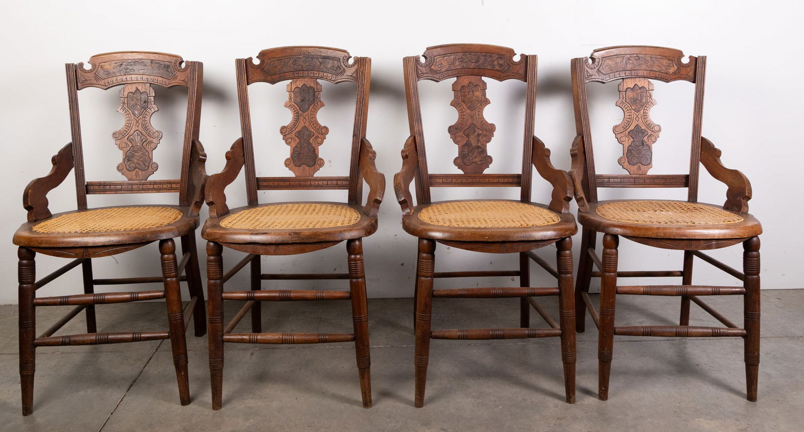 Set of Four Antique Victorian Walnut Inlaid Cane Bottom Chairs (1 of 7)