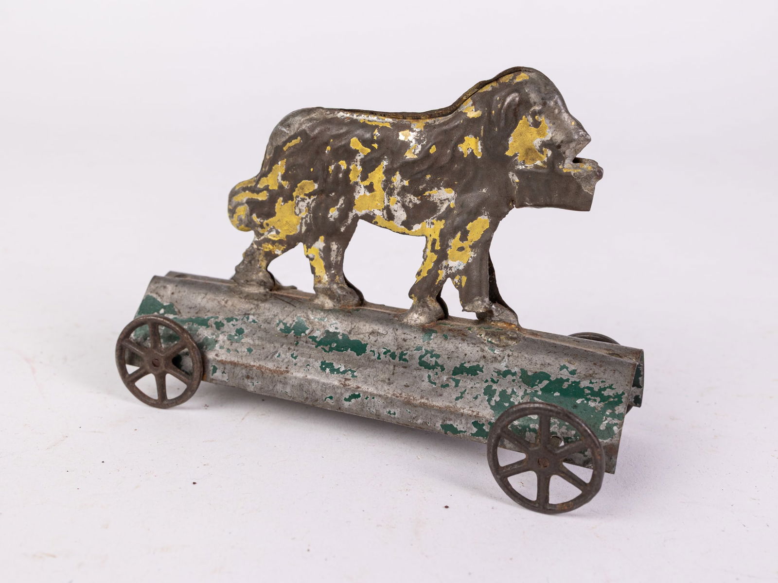 1880s American Tin Toy Dog with Basket on Wheels (1 of 4)