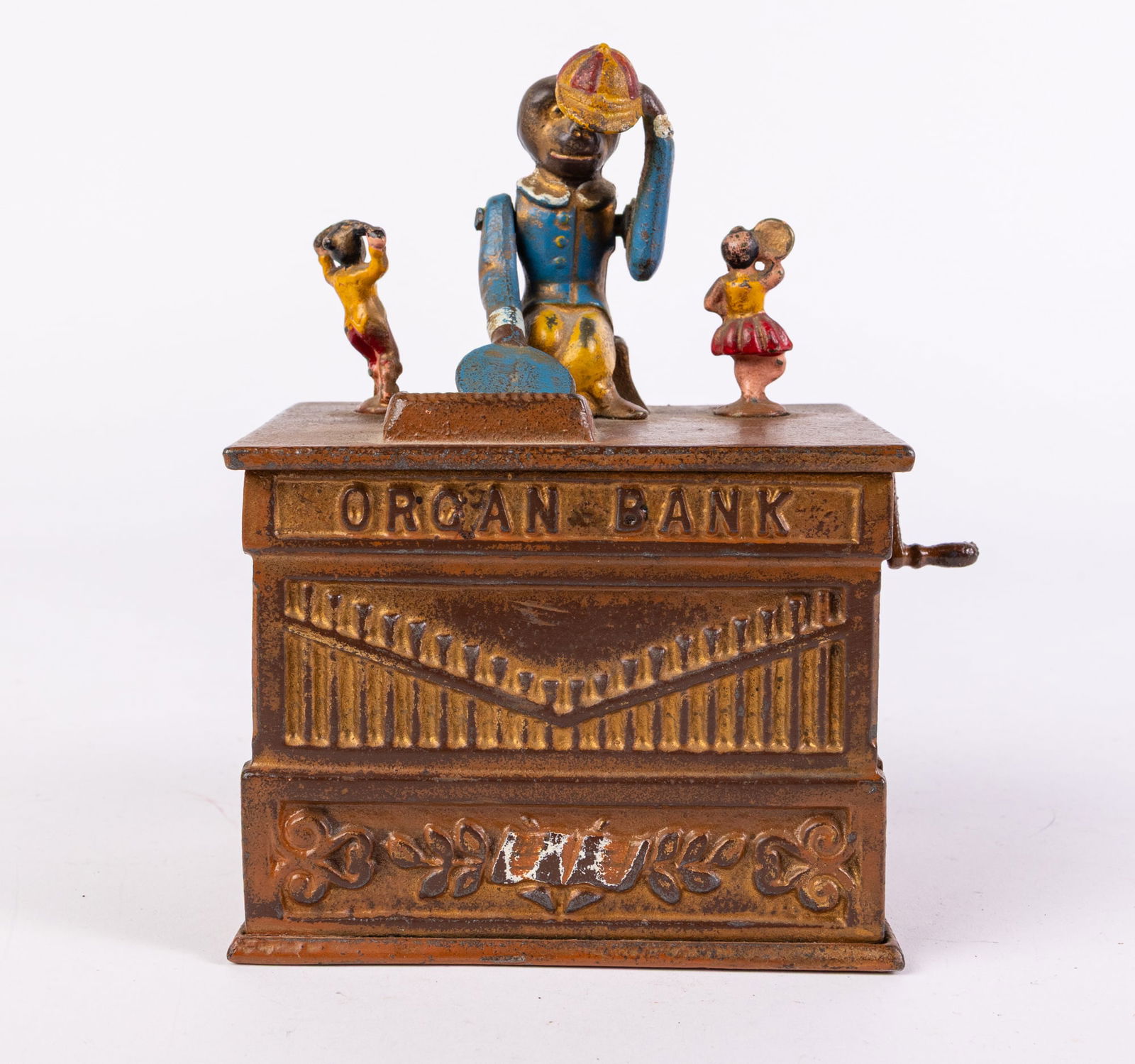 Organ Bank with Boy and Girl Cast Iron Mechanical Bank: Organ Bank with Boy and Girl Cast Iron Mechanical Bank Size 7" x 5" x 4" Literature Brooks Auction is not responsible for outbids. Questions? Call the office at (856) 694-2960 or email us directly a