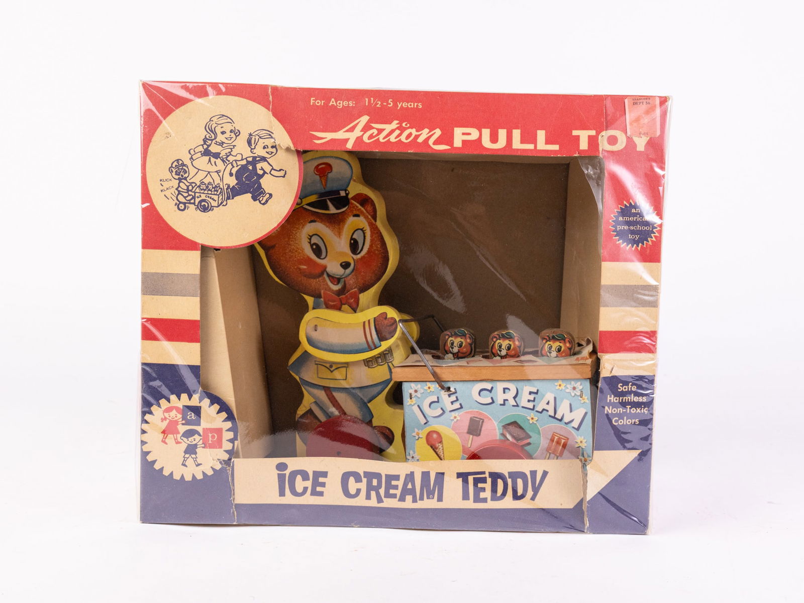 "Ice Cream Teddy" Action Pull Toy IOB: "Ice Cream Teddy" Action Pull Toy IOB Size 10" x 12" x 6" Literature Brooks Auction is not responsible for outbids. Questions? Call the office at (856) 694-2960 or email us directly at info@brooks.a