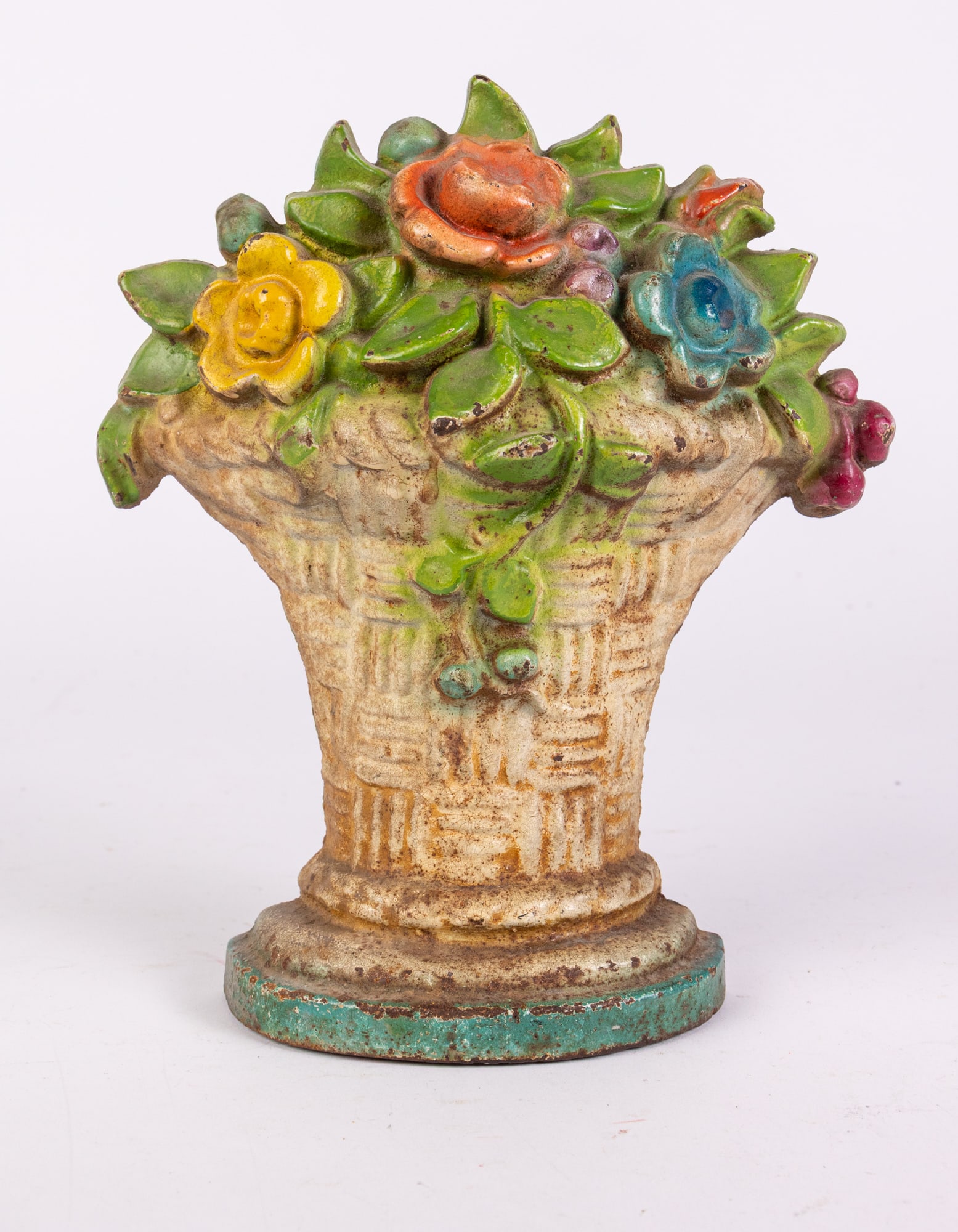 Cast Iron Basket of Flowers doorstop: Cast Iron Basket of Flowers doorstop Size 8" x 8" x 2" Literature Brooks Auction is not responsible for outbids. Questions? Call the office at (856) 694-2960 or email us directly at info@brooks.auct