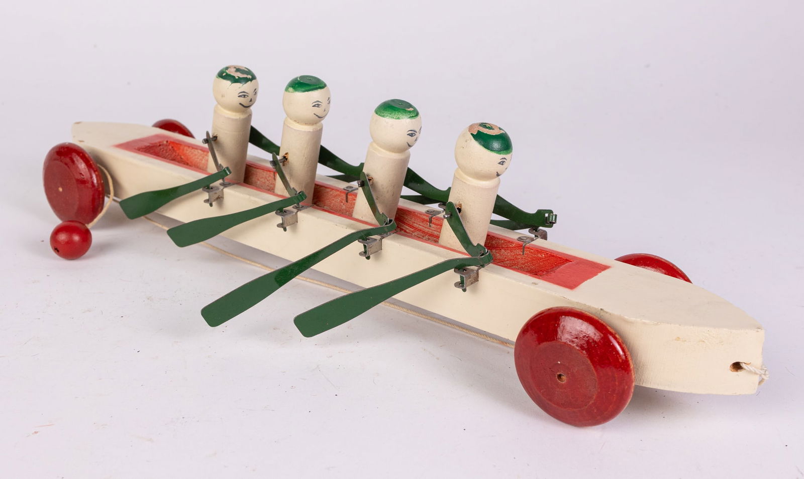 Vintage Wood & Tin Articulated Rowers Pull Toy: Vintage Wood & Tin Articulated Rowers Pull Toy Size 4" x 16" x 3" Literature Brooks Auction is not responsible for outbids. Questions? Call the office at (856) 694-2960 or email us directly at info@