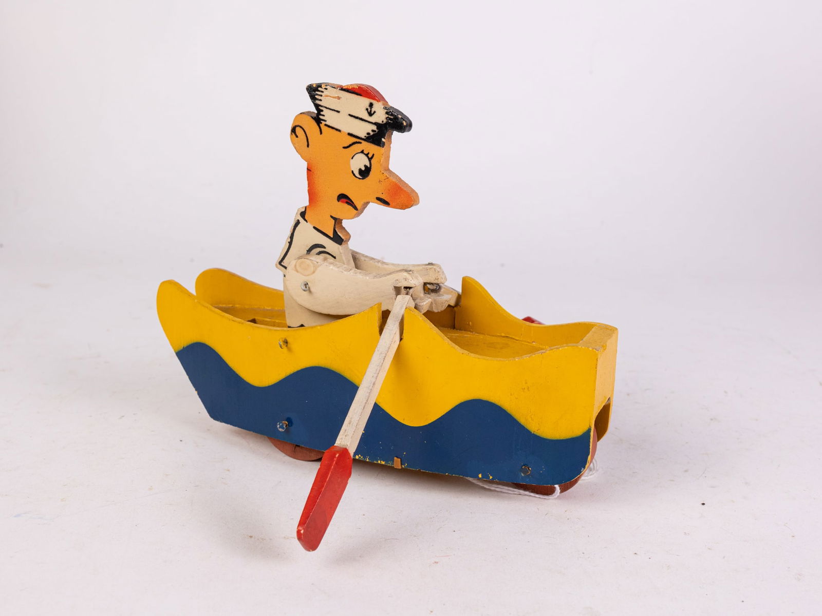 c.1930 Chad Valley Rowing Sailor in Boat Articulated Pull Toy (1 of 3)
