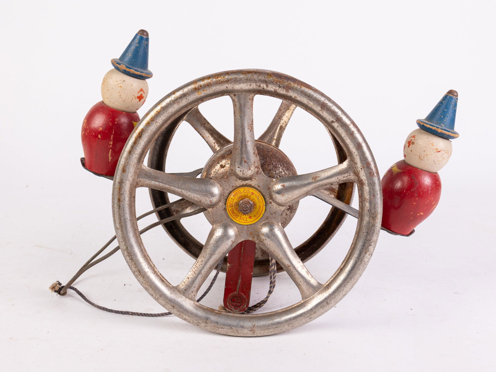 Gong Bell Mfg. Co. Double Clown Bell Chime Pull Toy: Gong Bell Mfg. Co. Double Clown Bell Chime Pull Toy Size 7" x 10" x 5" Literature Brooks Auction is not responsible for outbids. Questions? Call the office at (856) 694-2960 or email us directly at
