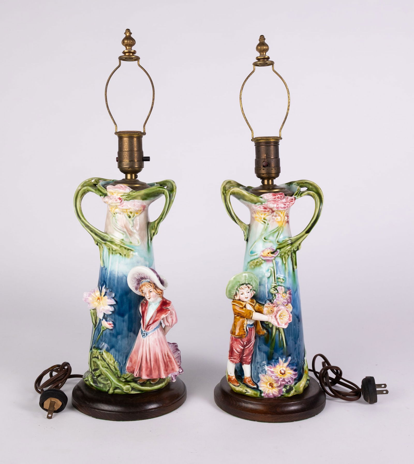 Pair of Antique Hand Painted Majolica Figural Table Lamps (1 of 7)