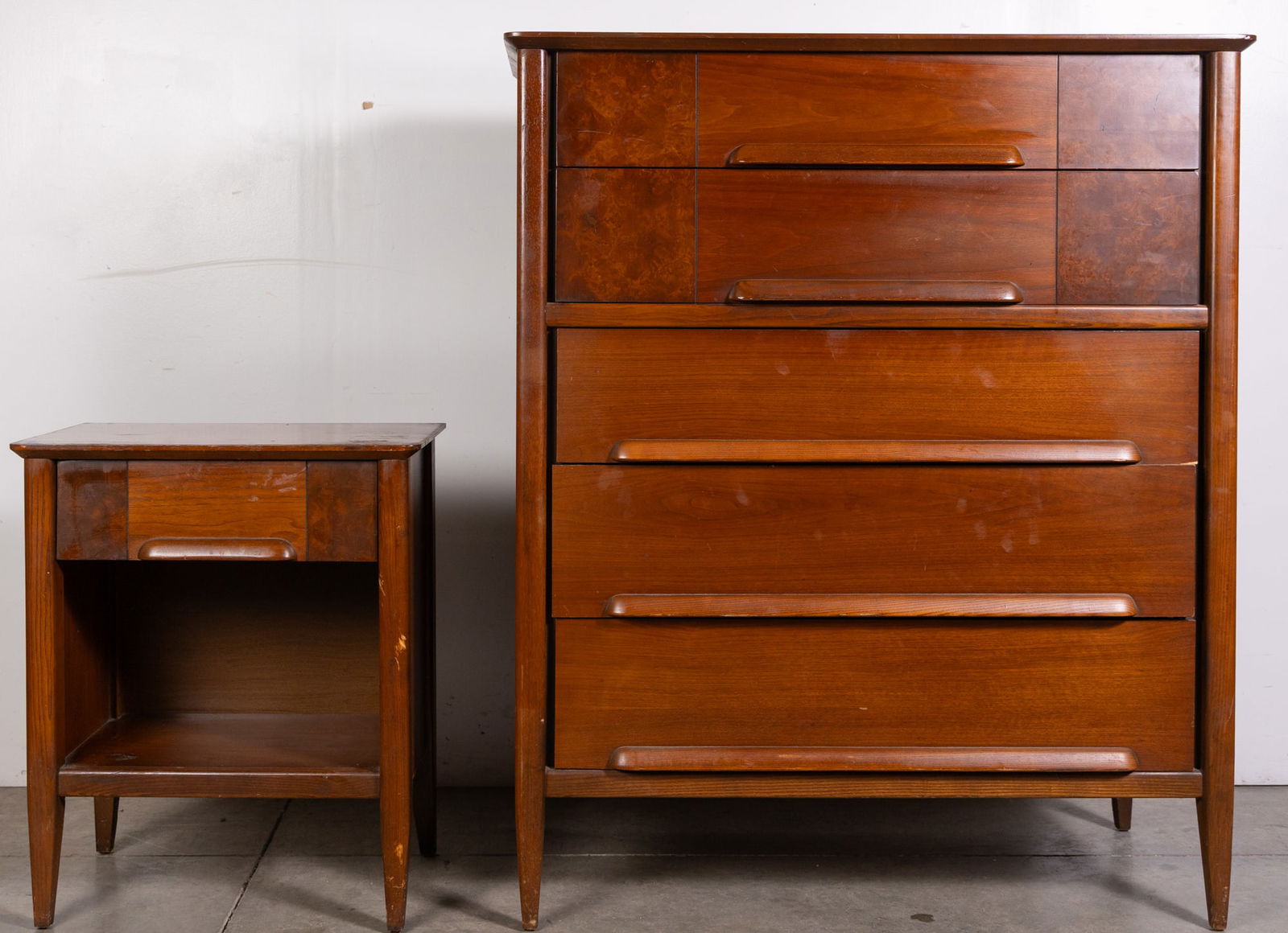 Stanley | Modern High Walnut Chest & Nightstand w/ Burl Panel Accents (1 of 13)