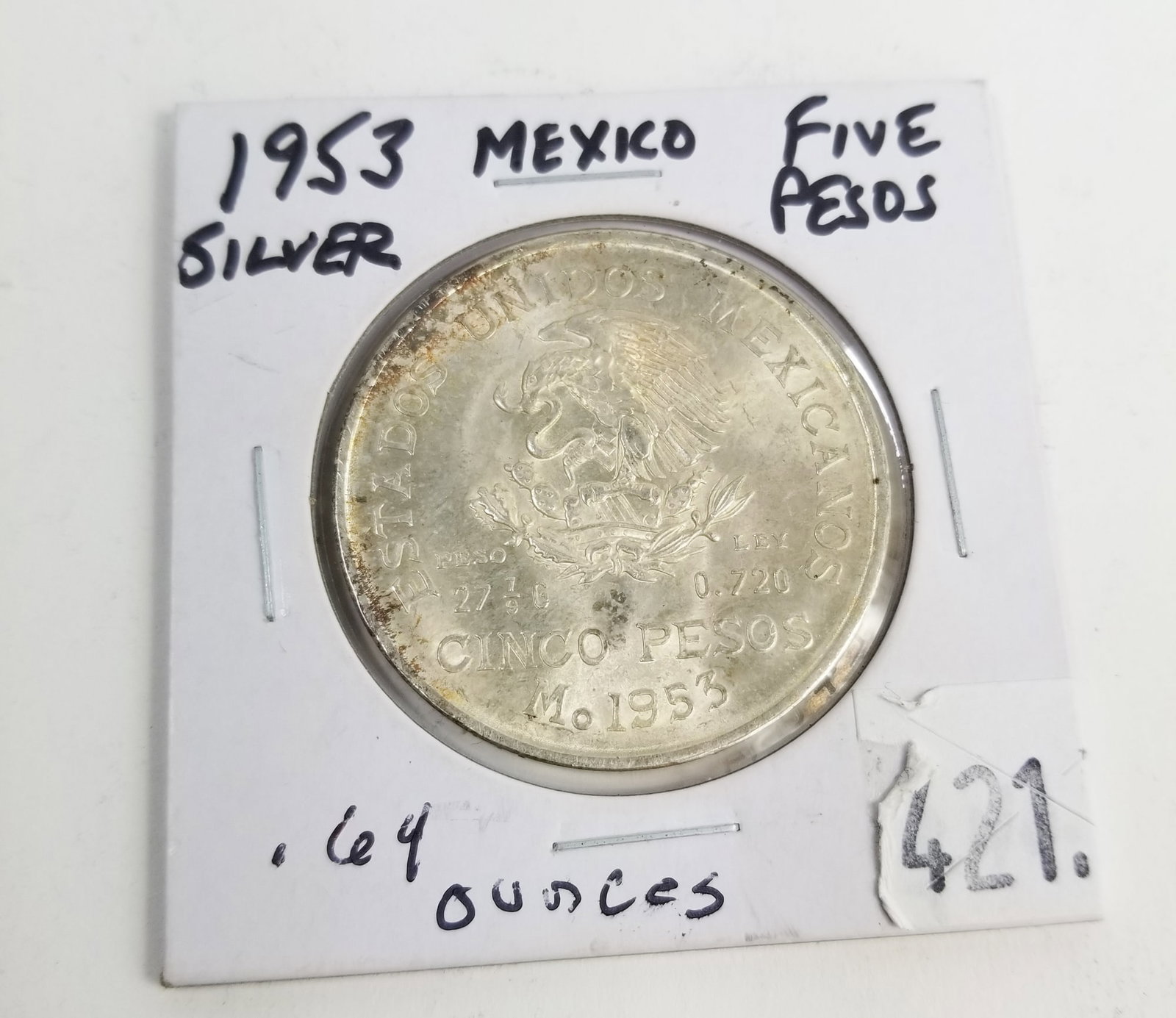 1953 Mexican 5 Pesos Silver Coin: 1953 Mexican 5 Pesos Silver Coin, .720 Silver Literature Brooks Auction is not responsible for outbids. Questions? Call the office at (856) 694-2960 or email us directly at info@brooks.auction. •