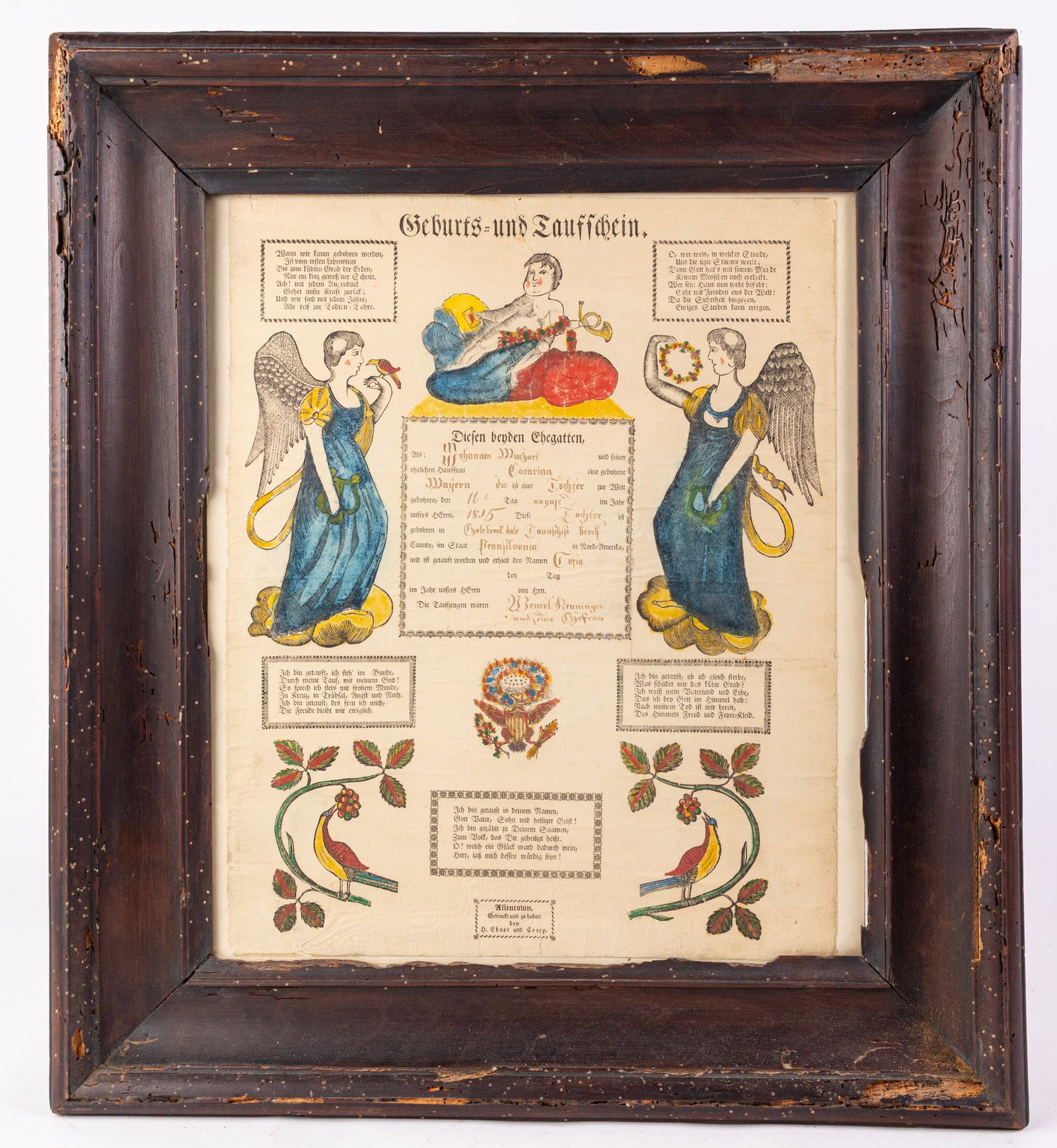 Antique Pennsylvania Dutch 1885 Birth Certificate in Wood Frame (1 of 3)