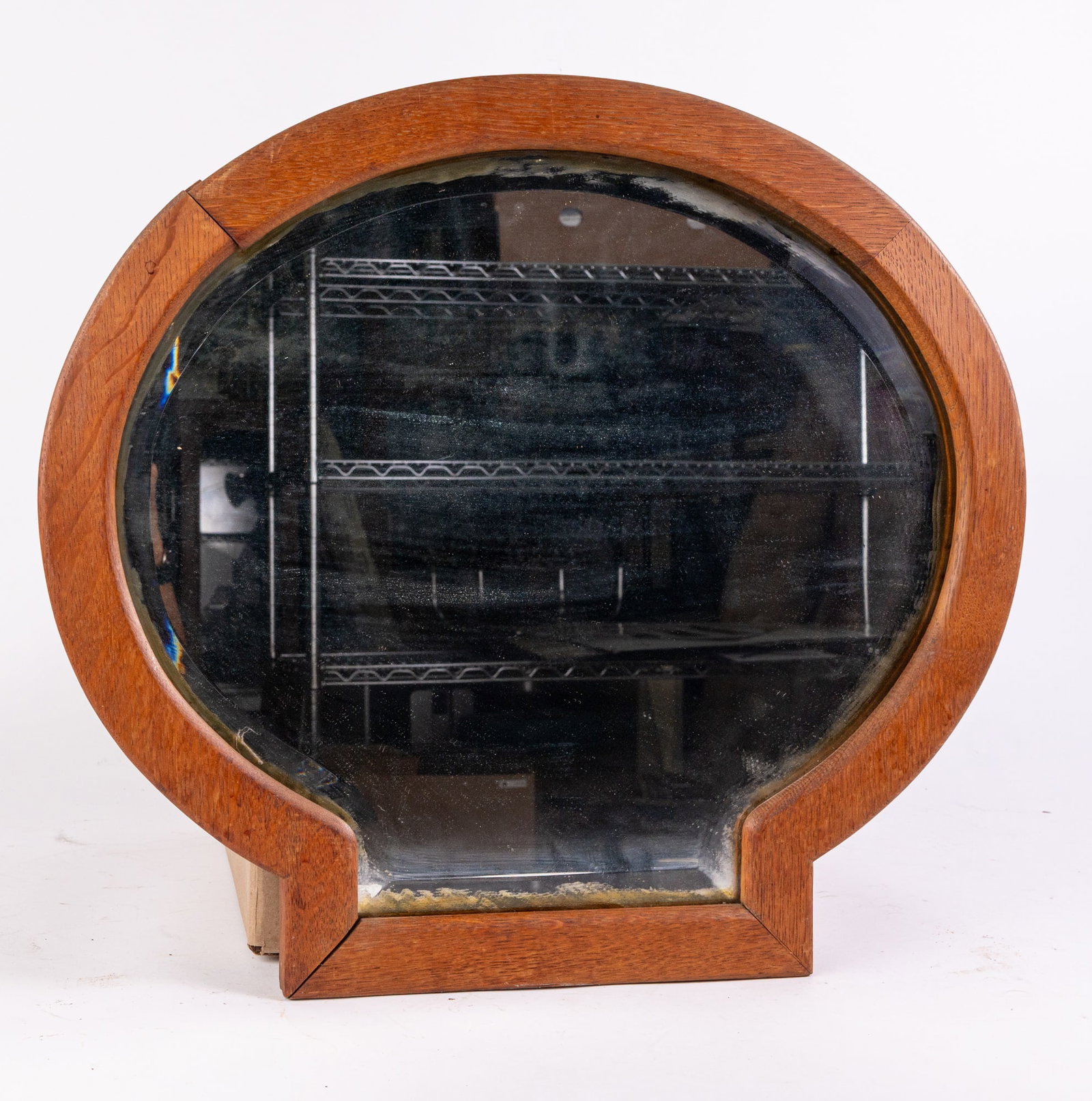 Antique Wood Framed Scallop Shaped Wall Mounted Mirror: Antique Wood Framed Scallop Shaped Wall Mounted Mirror, Antique mirror with scallop shaped oak wood frame, bevelled edge. Good condition, but needs a new wire on back of mirror in order to be mounted.