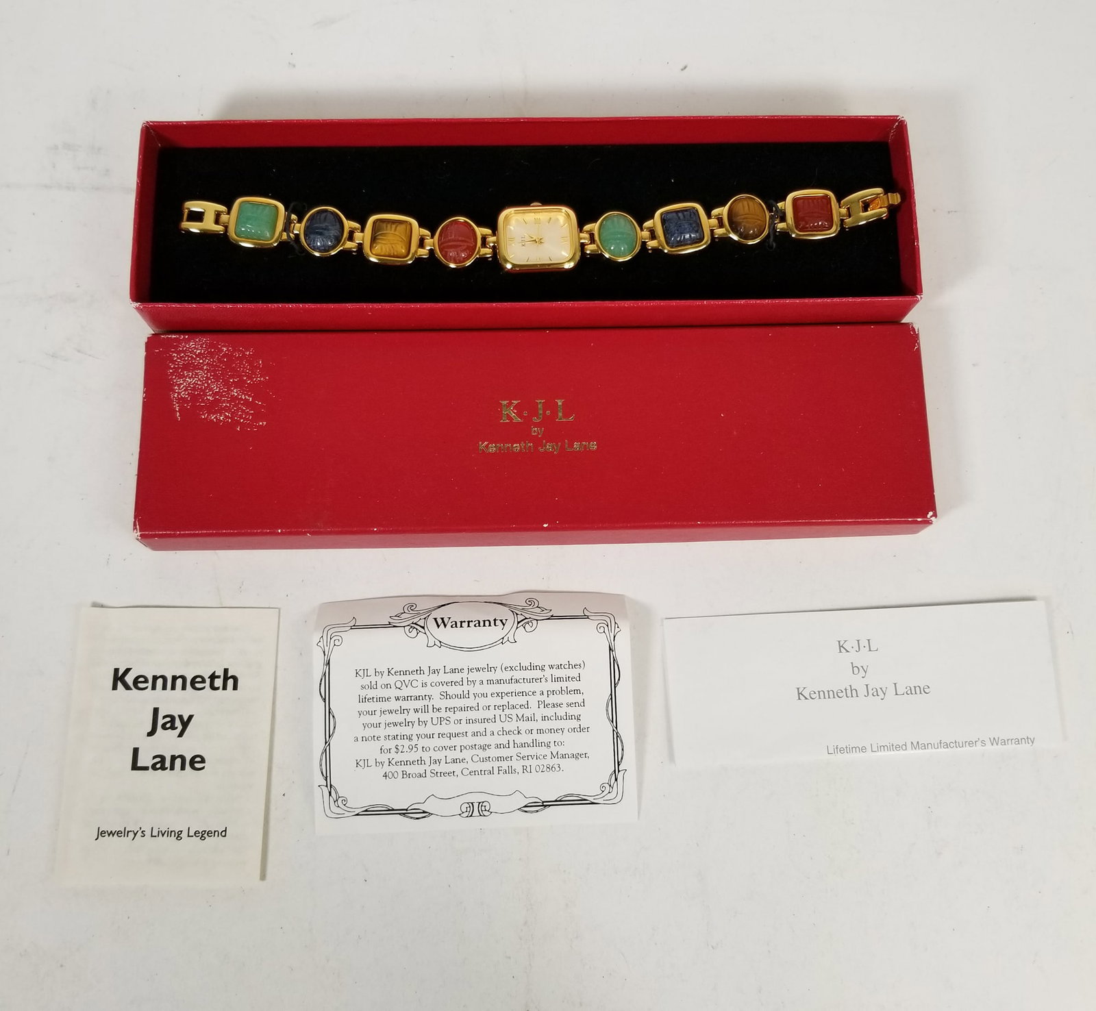 Kenneth Jay Lane Wrist Watch in Original Box: Kenneth Jay Lane Wrist Watch in Original Box Literature Brooks Auction is not responsible for outbids. Questions? Call the office at (856) 694-2960 or email us directly at info@brooks.auction. •