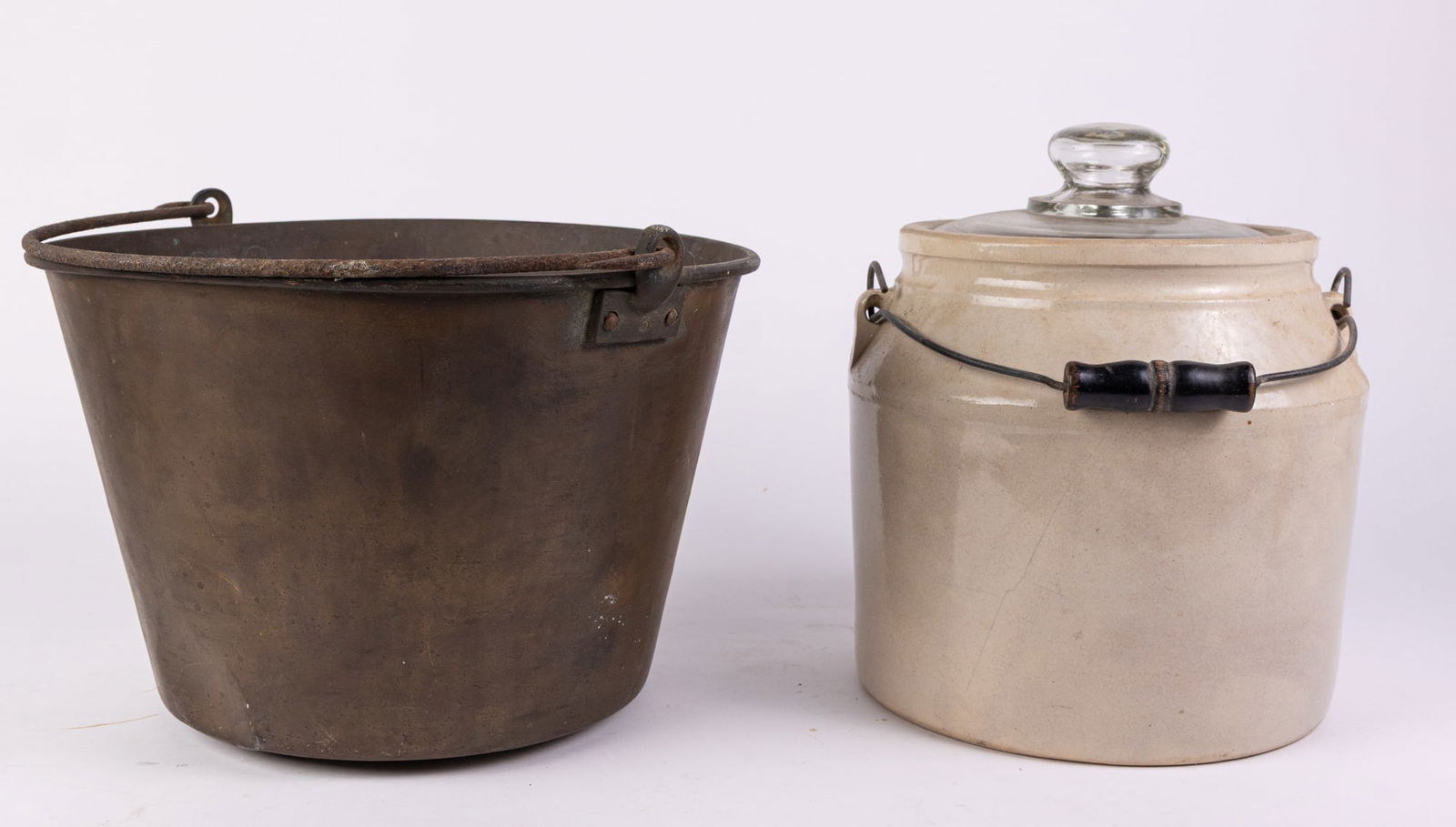 Antique Waterbury Brass Jelly Bucket & Stoneware Crock: Antique Waterbury Brass Jelly Bucket & Stoneware Crock Size 9" x 12" x 12" Literature Brooks Auction is not responsible for outbids. Questions? Call the office at (856) 694-2960 or email us directly