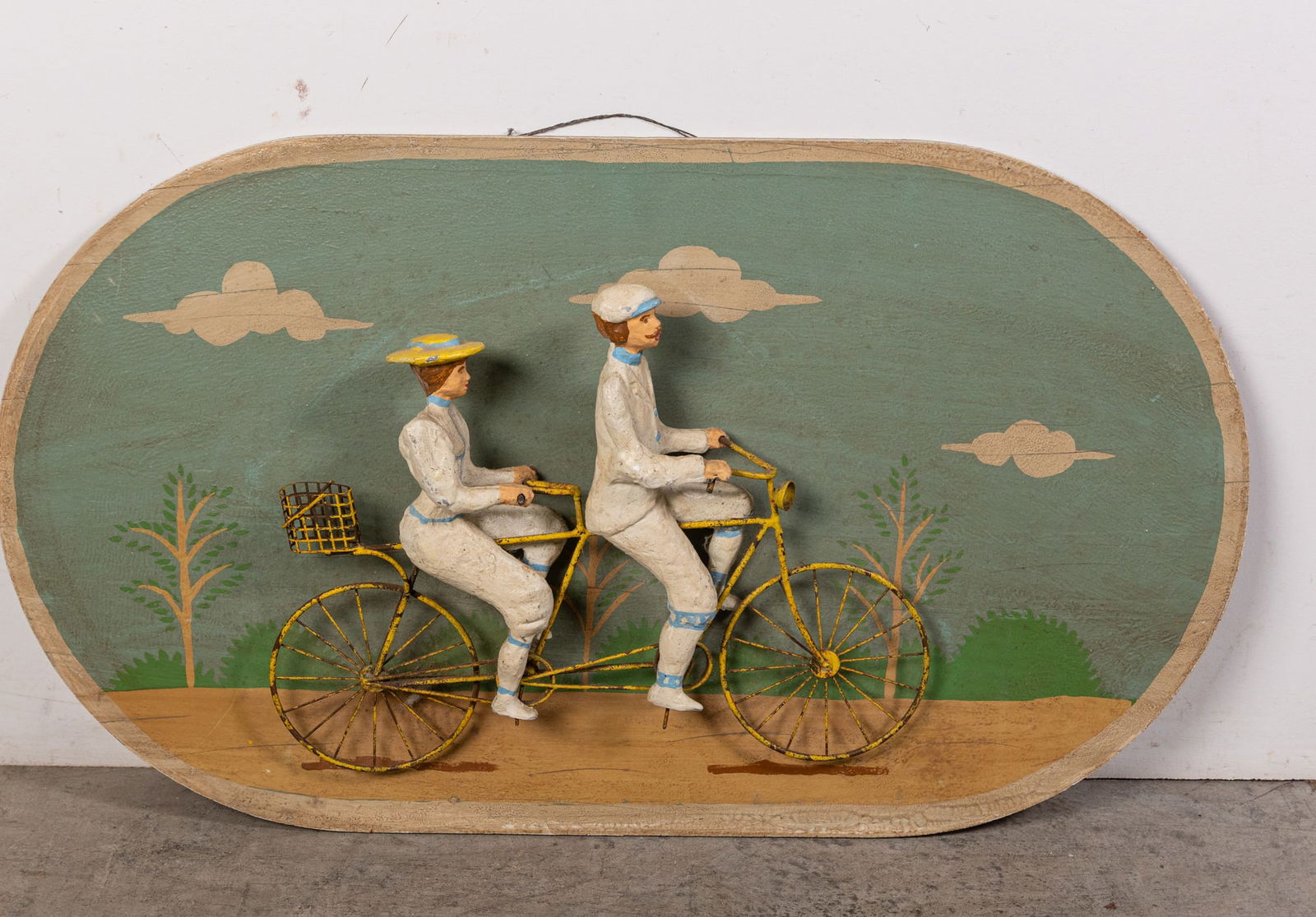 Vintage Folk Art Tandem Bicycle Couple Wall Hanging (1 of 3)