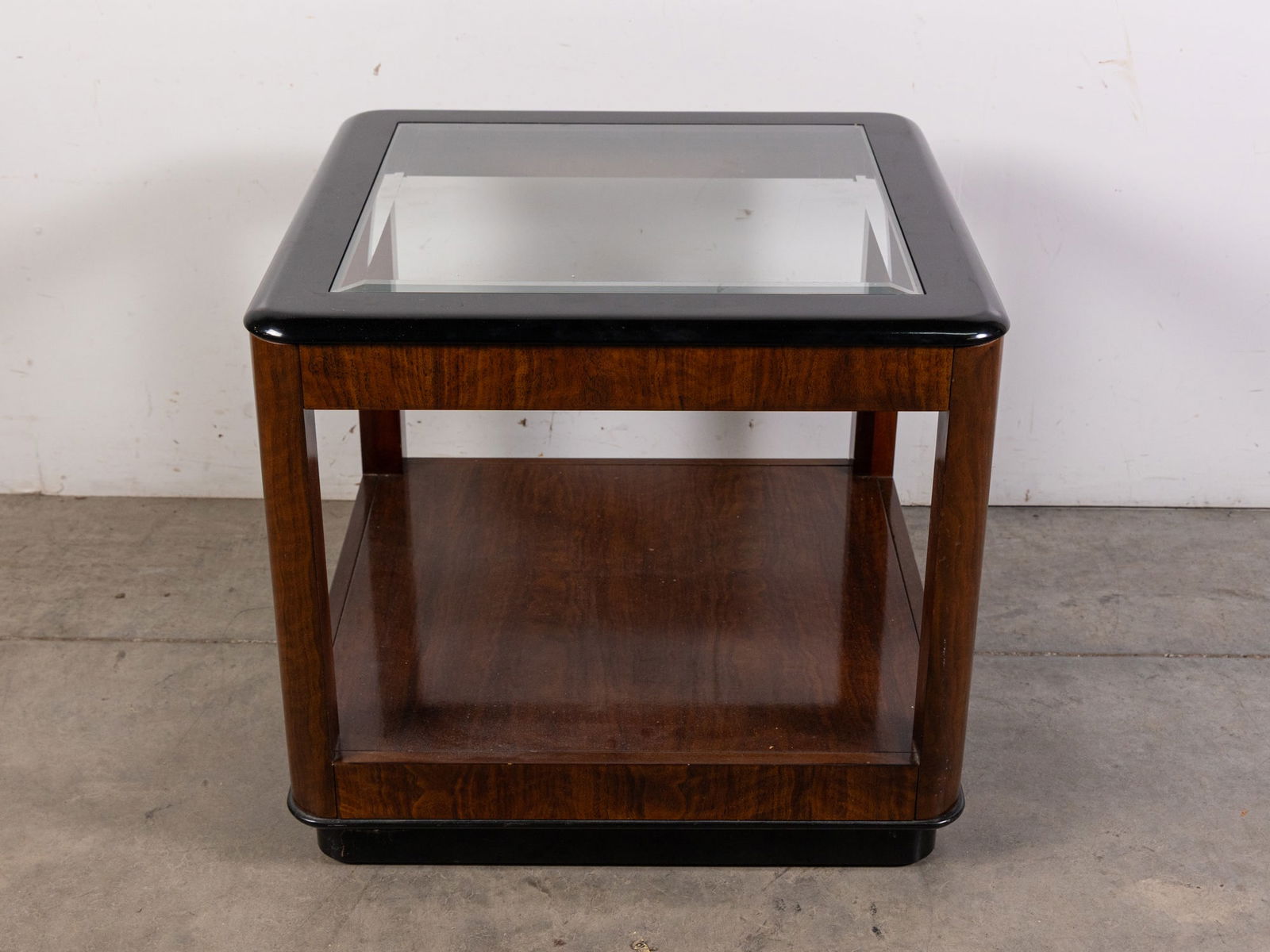 Drexel Mid Century Modern Lacquered Glass Top Table: Drexel Mid Century Modern Lacquered Glass Top Table Size 23" x 26" x 26" Literature Brooks Auction – Online Auction Terms & Conditions ————————
