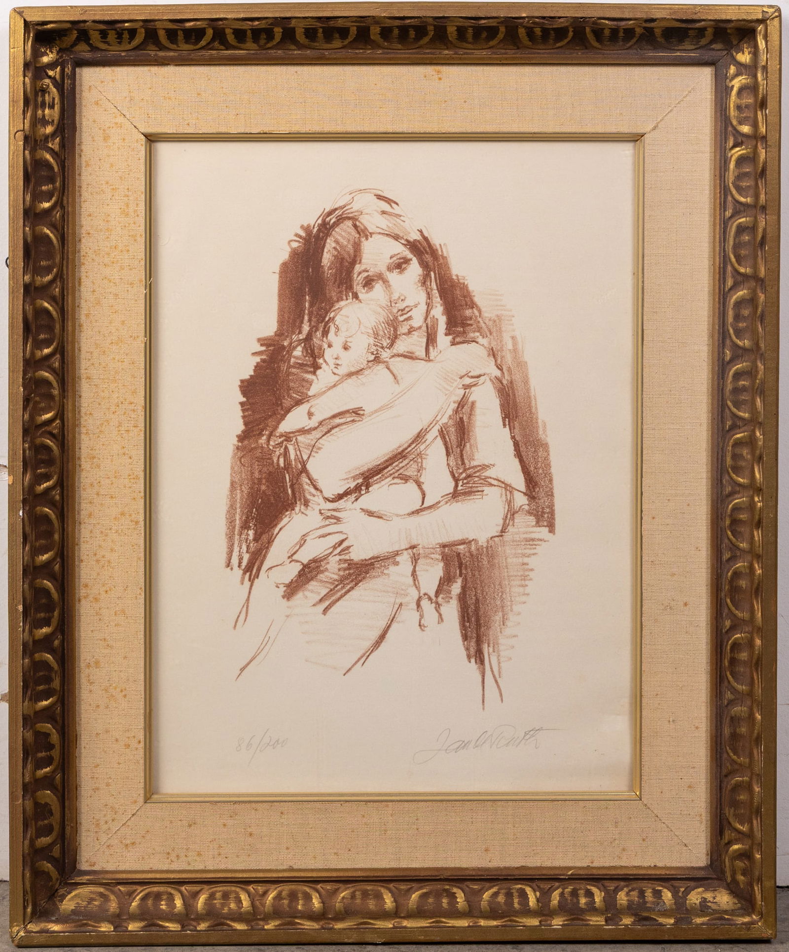 Jan de Ruth (1922-1991) Framed Mother with Child Print: Jan de Ruth (1922-1991) Framed Mother with Child Print, Print by Jan de Ruth, a Czech artist and holocaust survivor who moved through five different concentration camps during World War II. De Ruth at