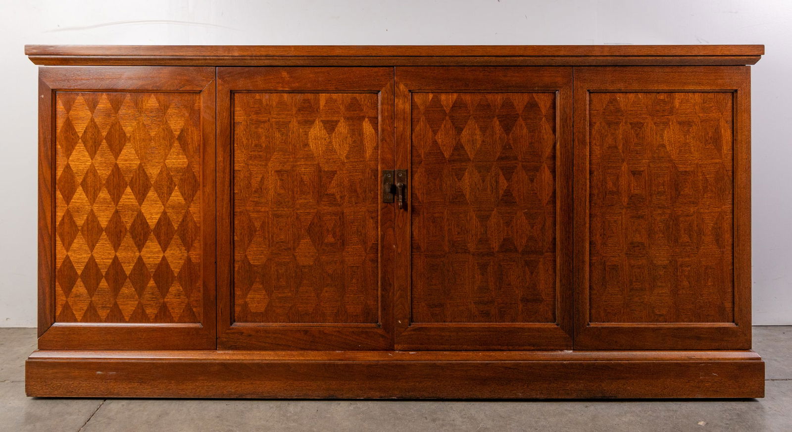 Heritage Henredon Harlequin Parquet Patterned Wood Console Cabinet: Heritage Henredon Harlequin Parquet Patterned Wood Console Cabinet Size 33" x 68" x 19" Literature Brooks Auction is not responsible for outbids. Questions? Call the office at (856) 694-2960 or emai