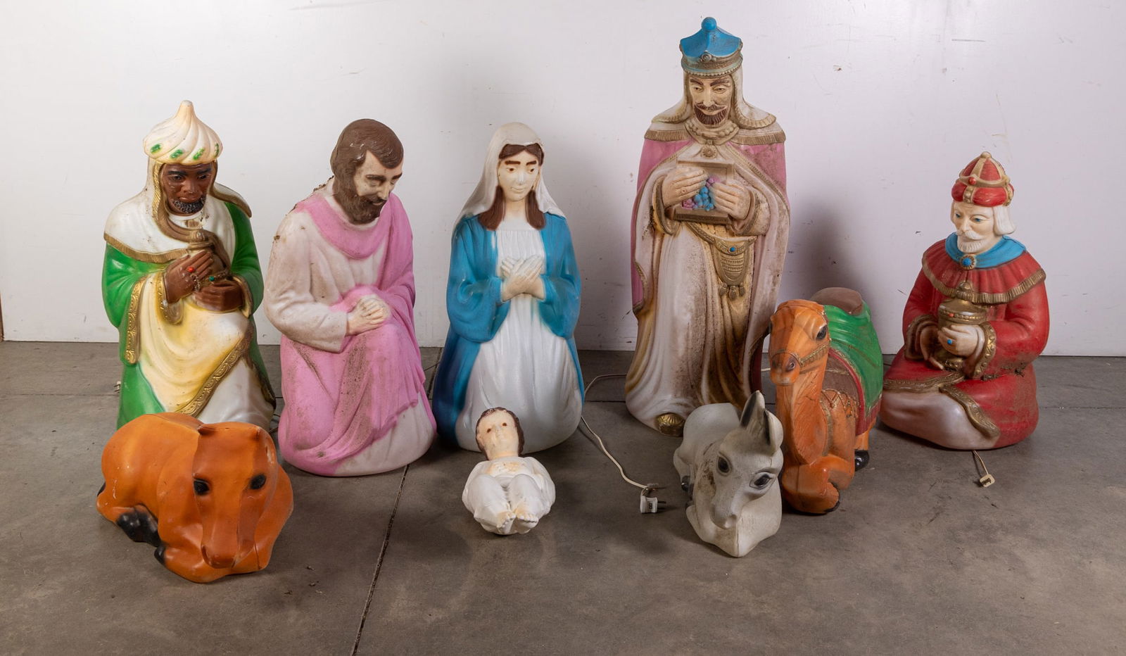Nine Piece Vintage Christmas Blow Mold Nativity Scene: Nine Piece Vintage Christmas Blow Mold Nativity Scene, includes Mary, Joseph, Jesus, three wise men, camel, donkey, and cow Literature Brooks Auction – Online Auction Terms & Conditions —&