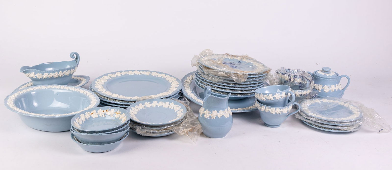 Wedgwood Embossed QUeensware Blue and White Porcelain Dish Set, 33 Pieces (1 of 11)