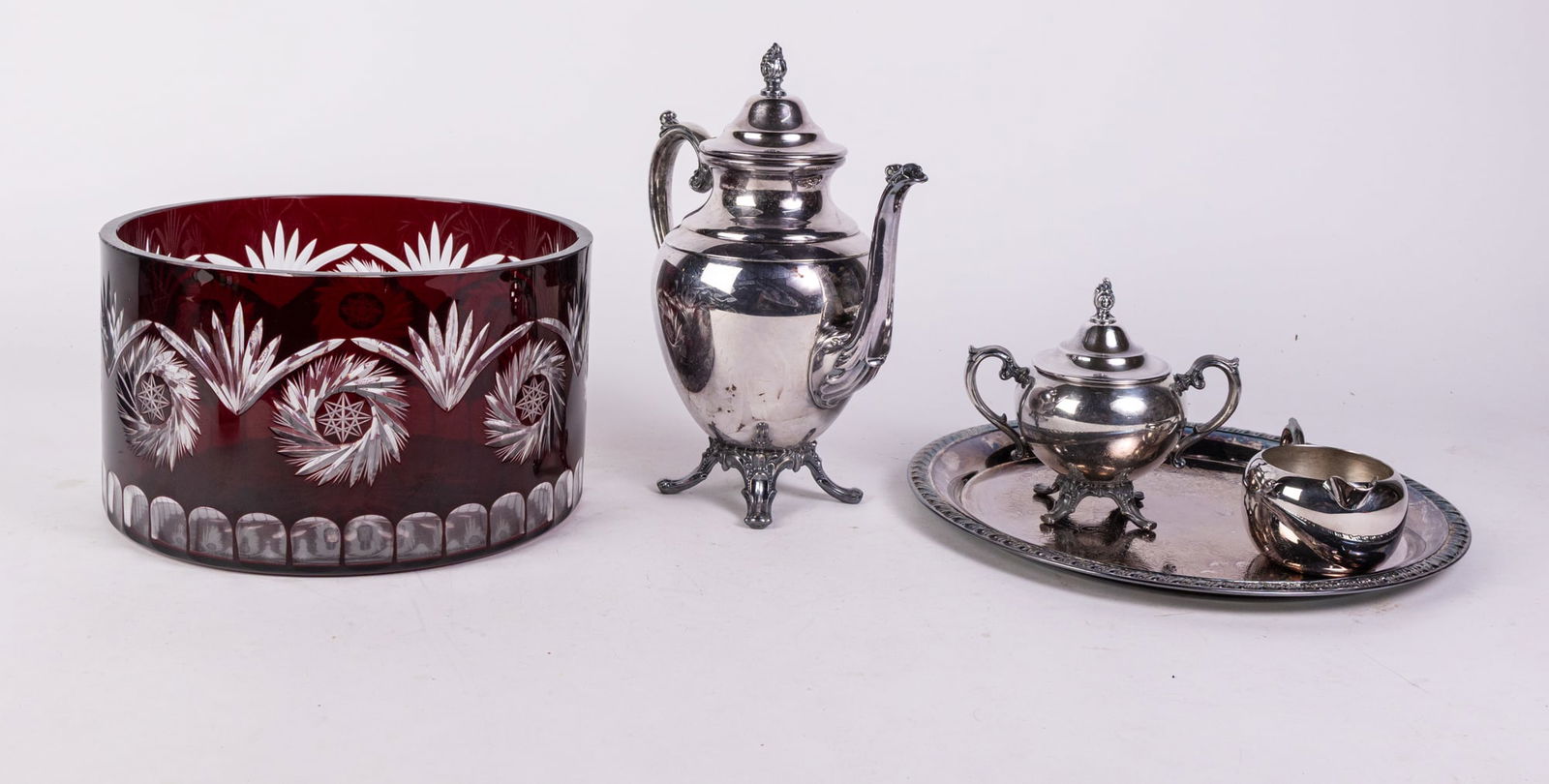 Silver Plate Servingware and Large Ruby Glass Cut Crystal Bowl (1 of 6)