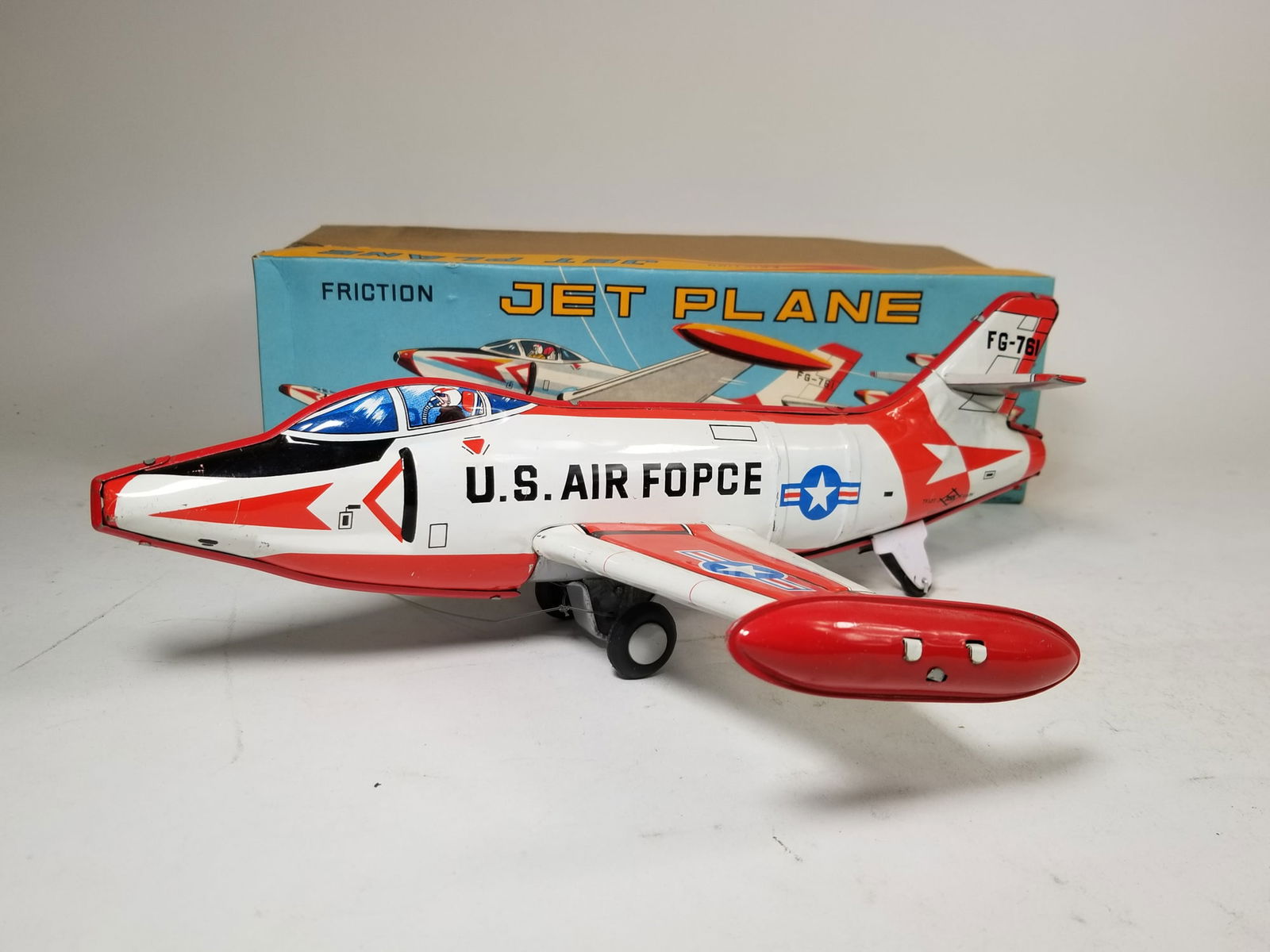 Tin Japanese USAF Fighter Plane Friction Toy IOB (1 of 2)