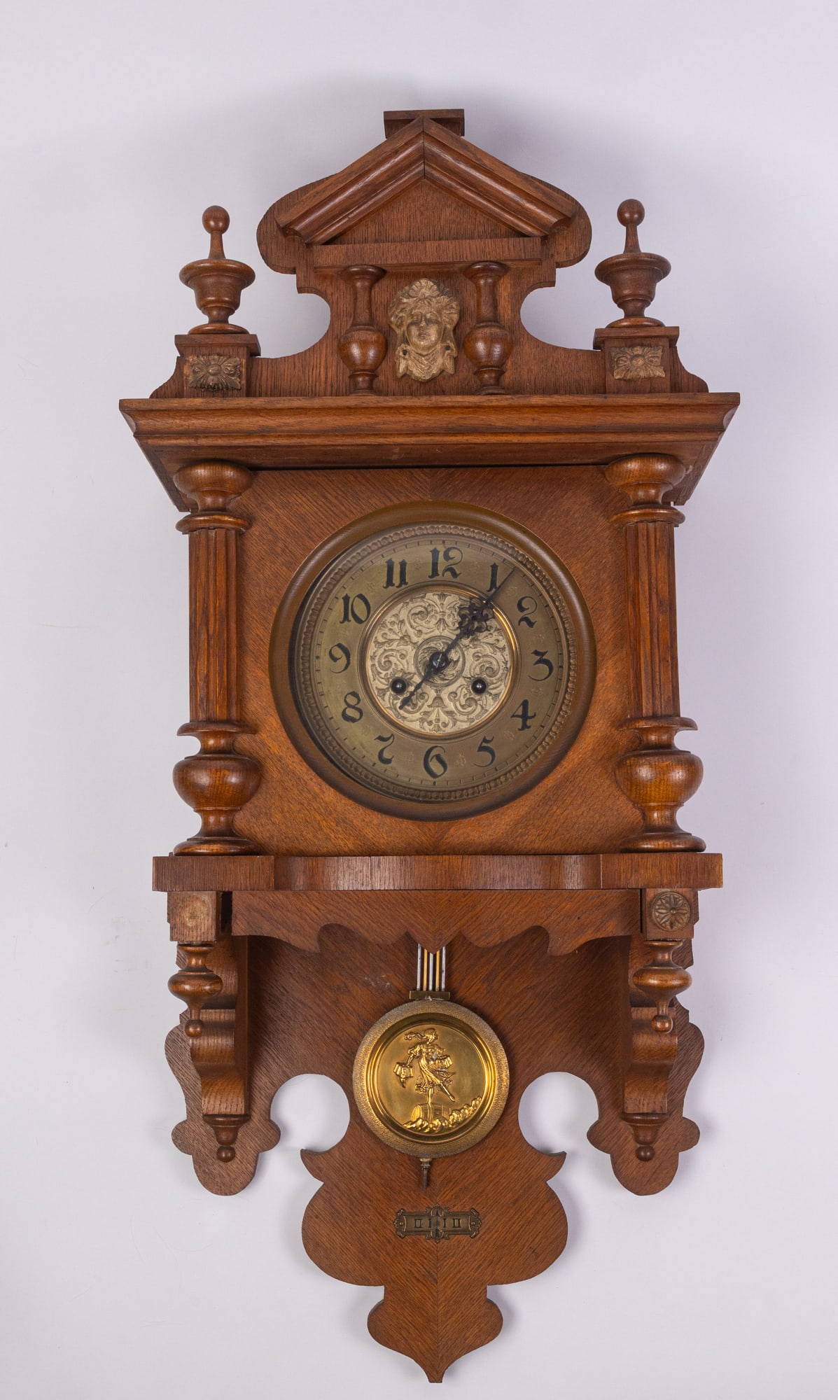 Antique German Wall Clock: missing the top finial and a front wood piece. Size 35" x 15" x 6.5" Literature BROOKS AUCTION WILL RE-OPEN JANUARY 5TH FOR PREVIEW All Inquiries will be adressed when we returnQuestions? Call the