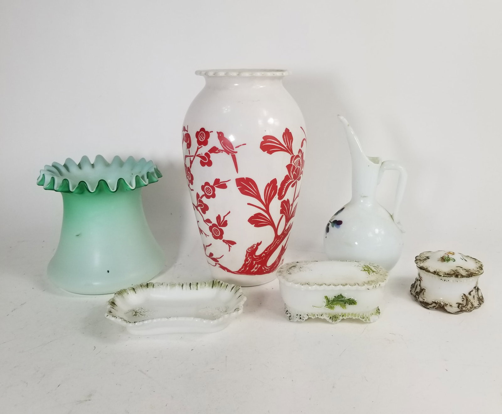 Vintage & Antique Glassware Assortment ft. Early Painted Milk Glass Trinket Dishes (1 of 6)