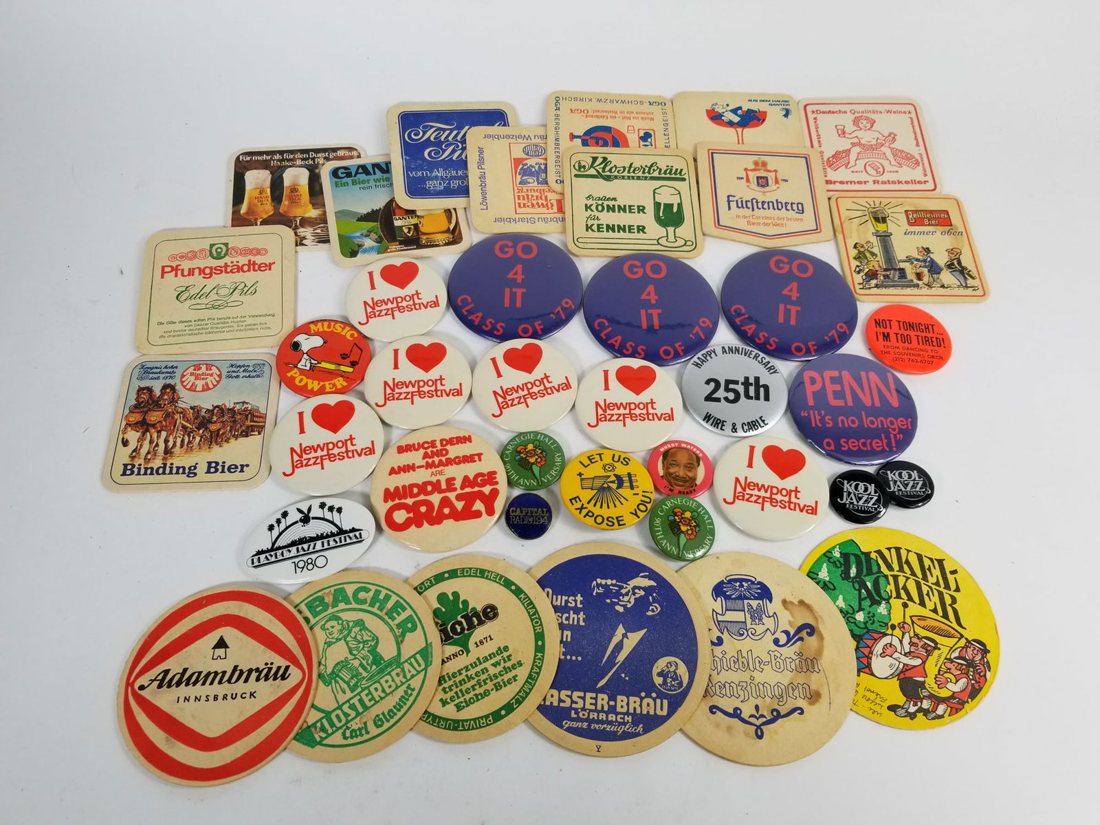 Lot of Assorted Vintage Pins and Beer Coasters: Lot of Assorted Vintage Pins and Beer Coasters Size 7" x 12" x 12" Literature Brooks Auction – Online Auction Terms & Conditions —————————&#