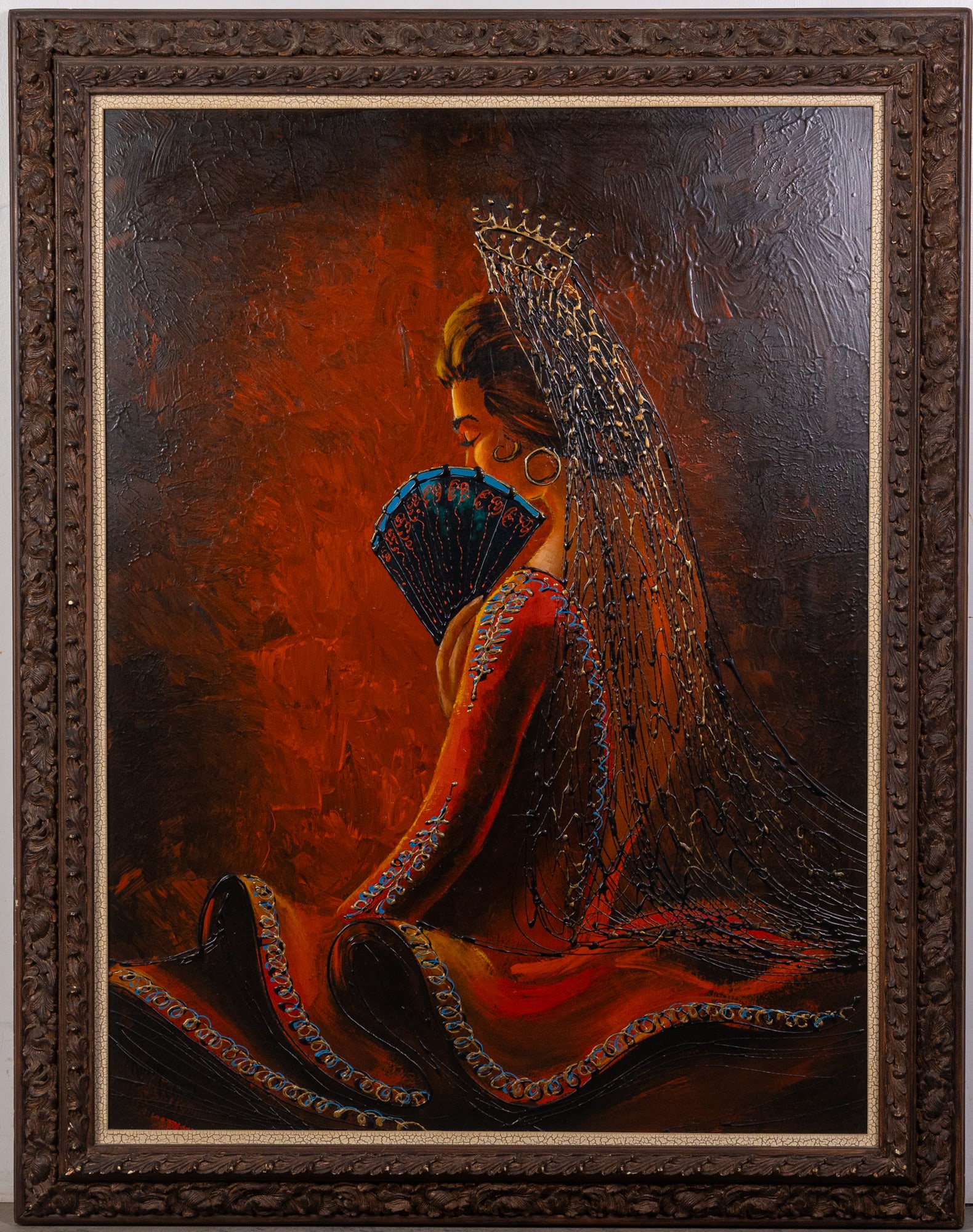 Mid Century Era "Woman with Fan", Oil On Board in Intricately Carved Frame, Signed Rolin: Mid Century Era "Woman with Fan", Oil On Board in Intricately Carved Frame, Signed RolinSize48" x 37.5"Literature Brooks Auction is not responsible for outbids. Questions? Call the office at (856)