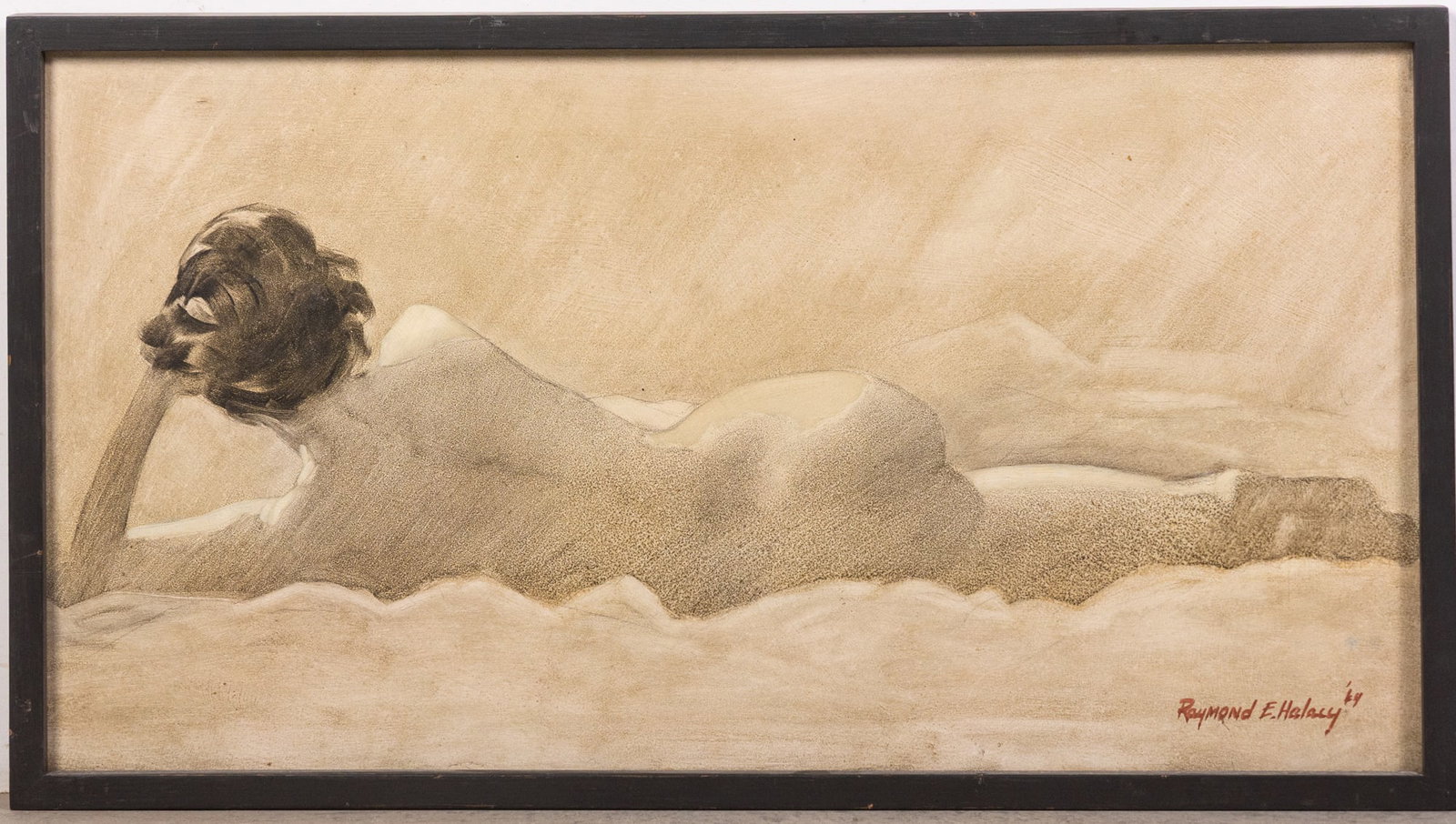 Raymond E. Halacy (1926-2007) "Reclining Female Nude", Mixed Media on Board: Raymond E. Halacy (1926-2007) "Reclining Female Nude", Mixed Media on BoardSize17" x 30"Literature Brooks Auction is not responsible for outbids. Questions? Call the office at (856) 694-2960 or