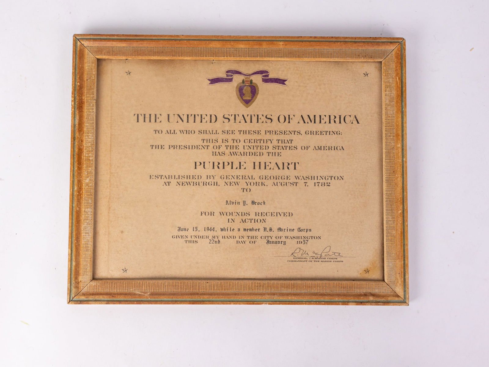 WWII USMC Purple Heart Certificate for the Battle of Saipan - June 15, 1944 (1 of 4)