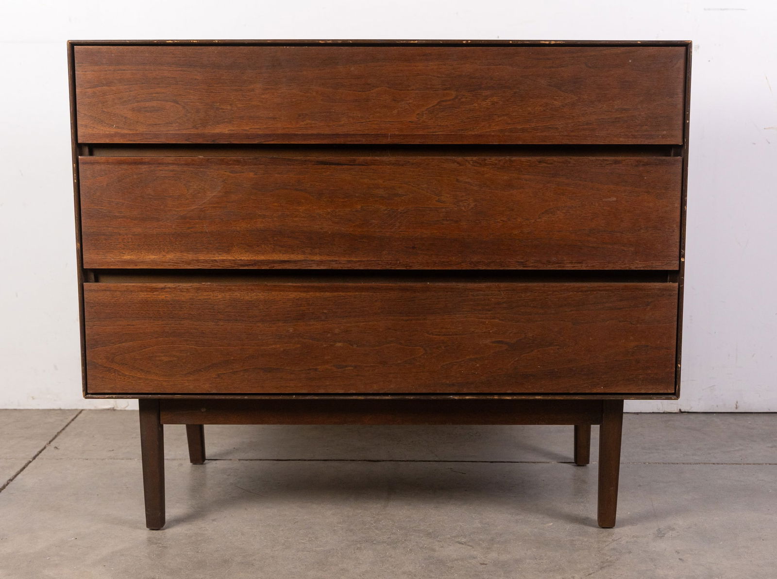 Stanley Mid Century Modern Walnut 3-Drawer Chest: Stanley Mid Century Modern Walnut 3-Drawer ChestSize30" x 36" x 18"Literature Brooks Auction is not responsible for outbids. Questions? Call the office at (856) 694-2960 or email us directly at
