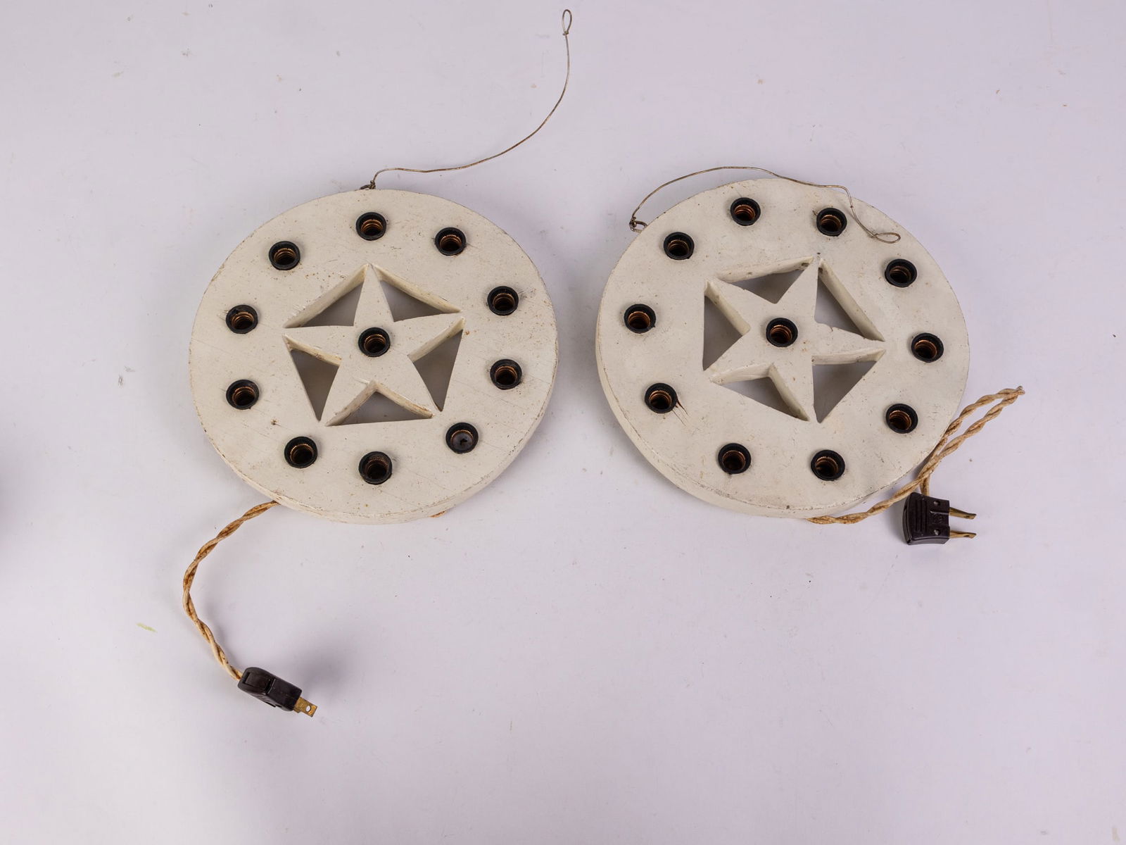 Pair of Antique Folk Art Hand Carved Wood Star Lights: Pair of Antique Folk Art Hand Carved Wood Star LightsSize9" x 9"Literature Brooks Auction is not responsible for outbids. Questions? Call the office at (856) 694-2960 or email us directly at