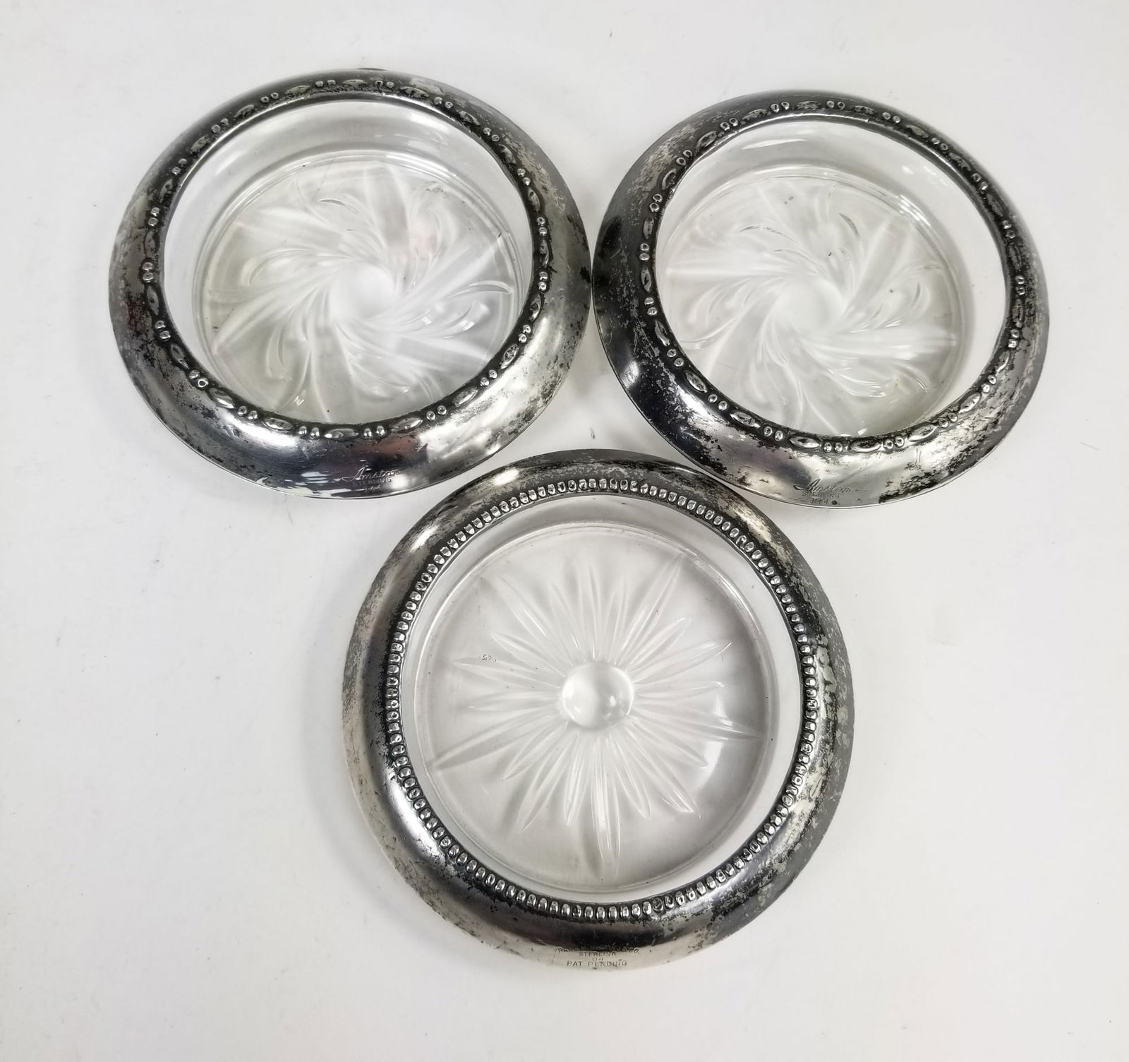 Three Sterling Silver Rimmed Crystal Coasters (1 of 5)