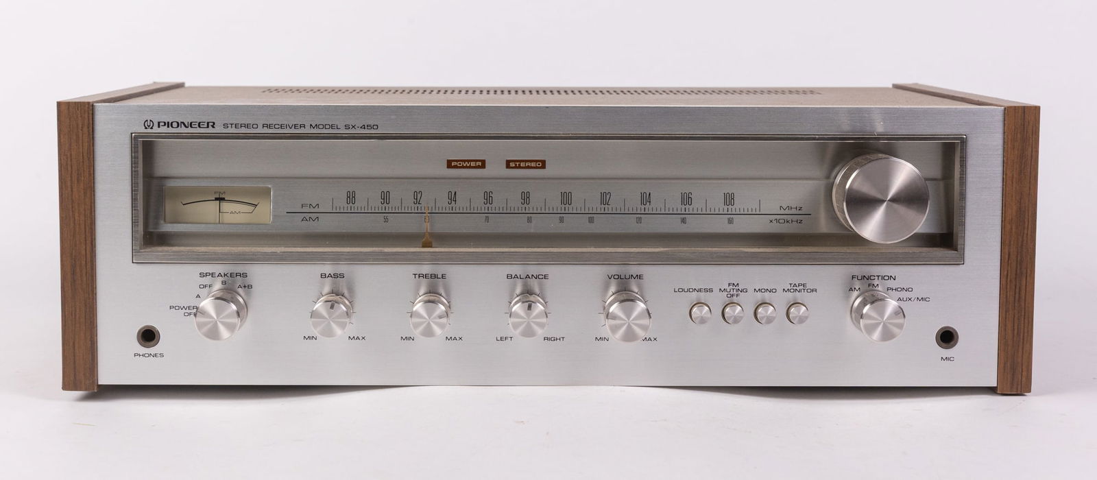 Pioneer SX-450 Stereo Receiver: Pioneer SX-450 Stereo Receiver Size 5.5" x 18" x 10" Literature Brooks Auction is not responsible for outbids. Questions? Call the office at (856) 694-2960 or email us directly at info@brooks.auctio