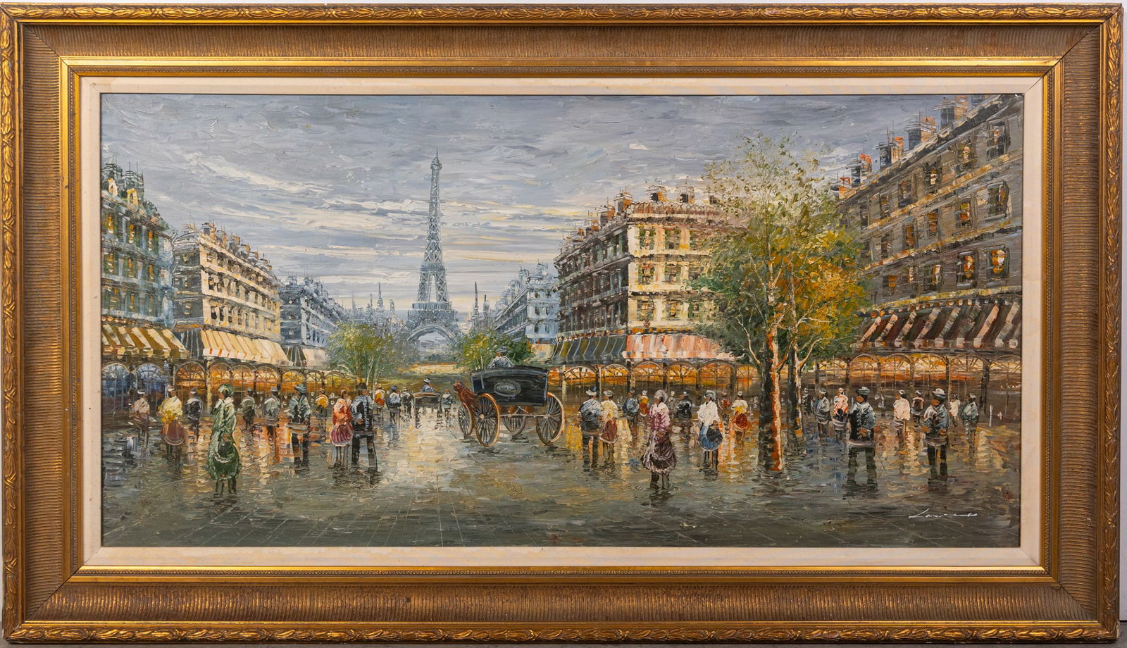 "Parisian Street Scene w/ Eiffel Tower View", Oil on Canvas Signed (1 of 2)