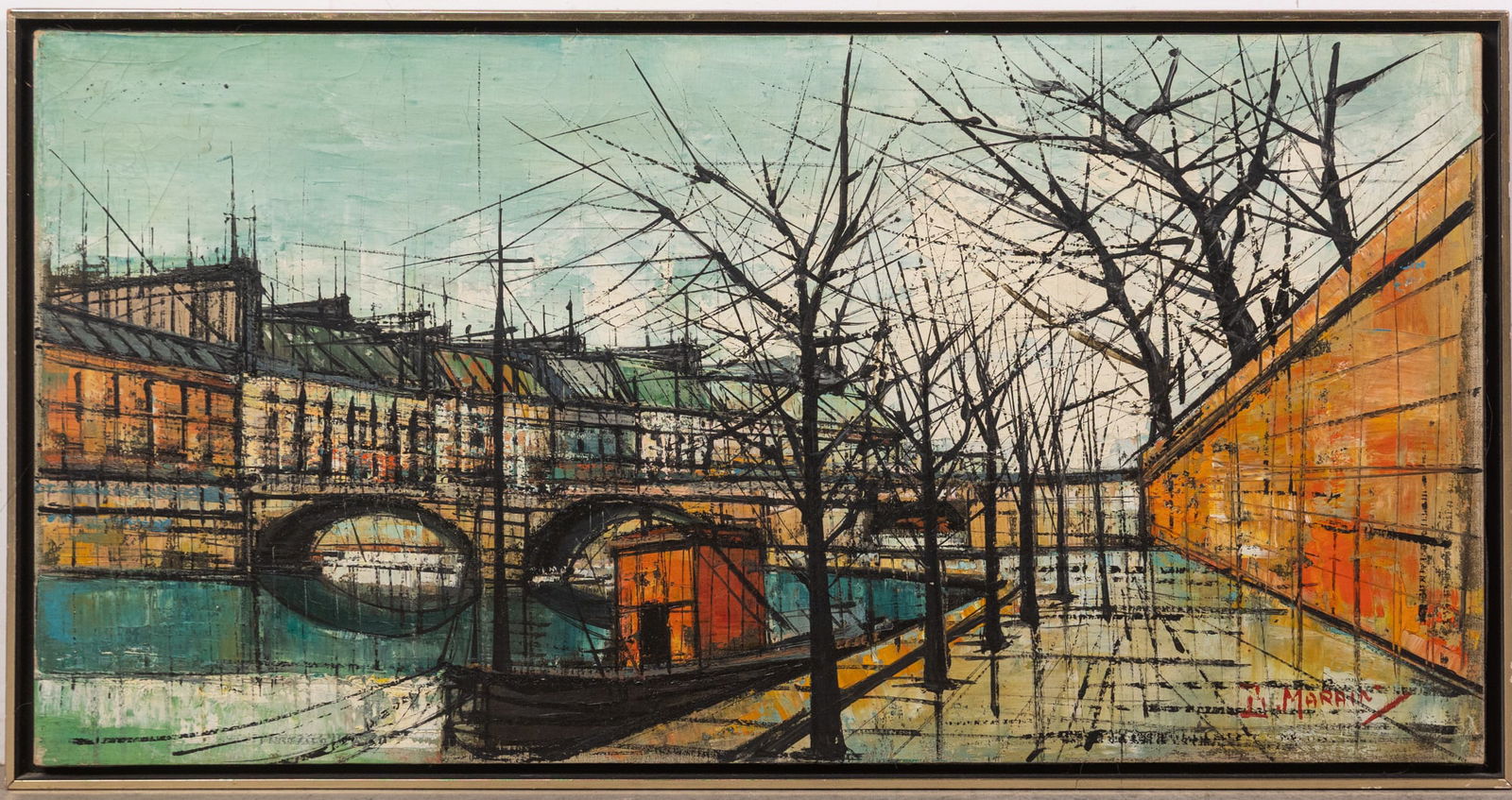 Mid Century French Expressionist Canal Scene, Oil on Canvas Signed: Mid Century French Expressionist Canal Scene, Oil on Canvas Signed Size 17" x 33" Literature Brooks Auction is not responsible for outbids. Questions? Call the office at (856) 694-2960 or email us d