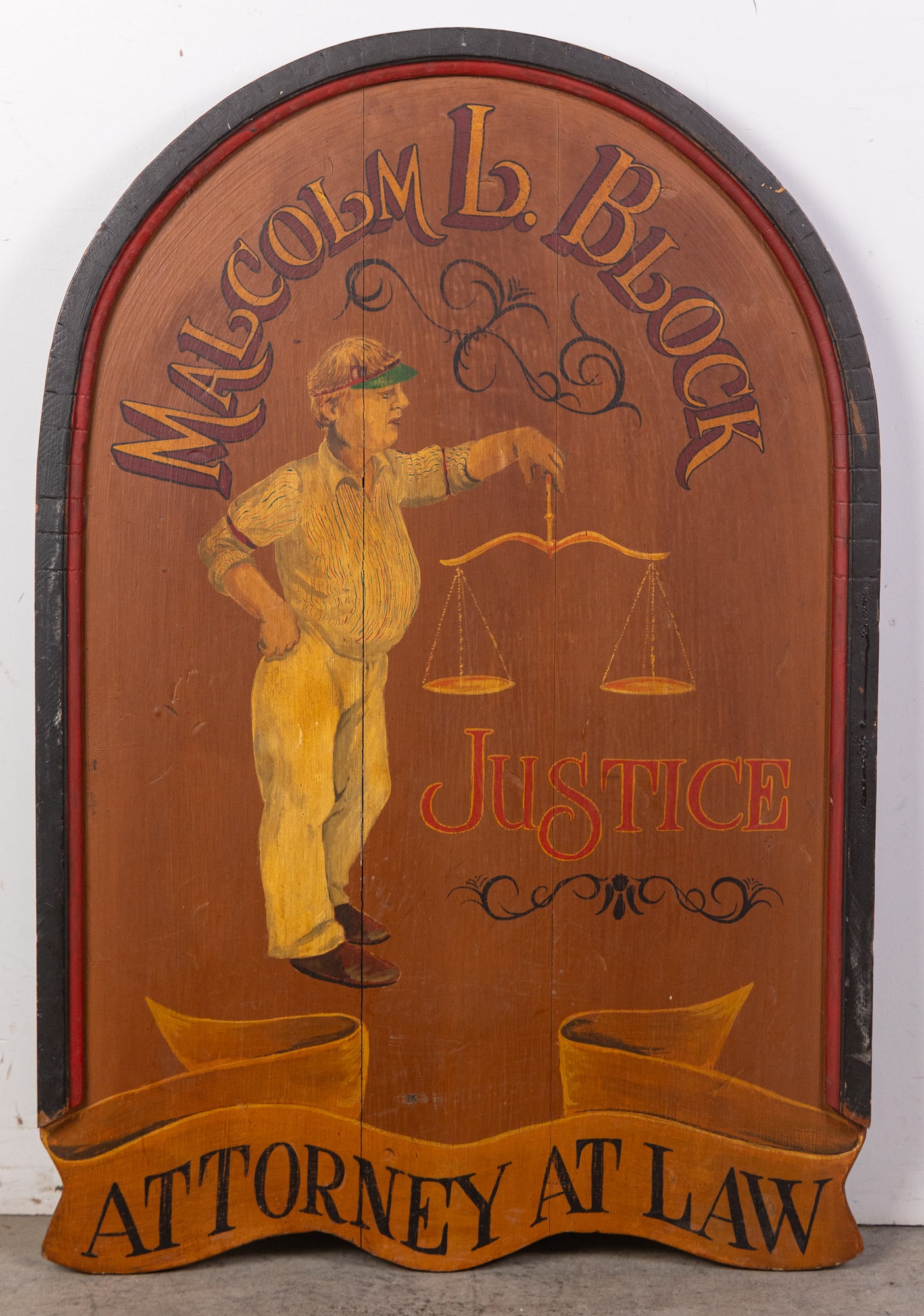 Vintage Hand Painted Trade Sign "Malcolm M. Block Justice Attorney At Law": Vintage Hand Painted Trade Sign "Malcolm M. Block Justice Attorney At Law"Size36" x 24"Literature Brooks Auction is not responsible for outbids. Questions? Call the office at (856) 694-2960 or email