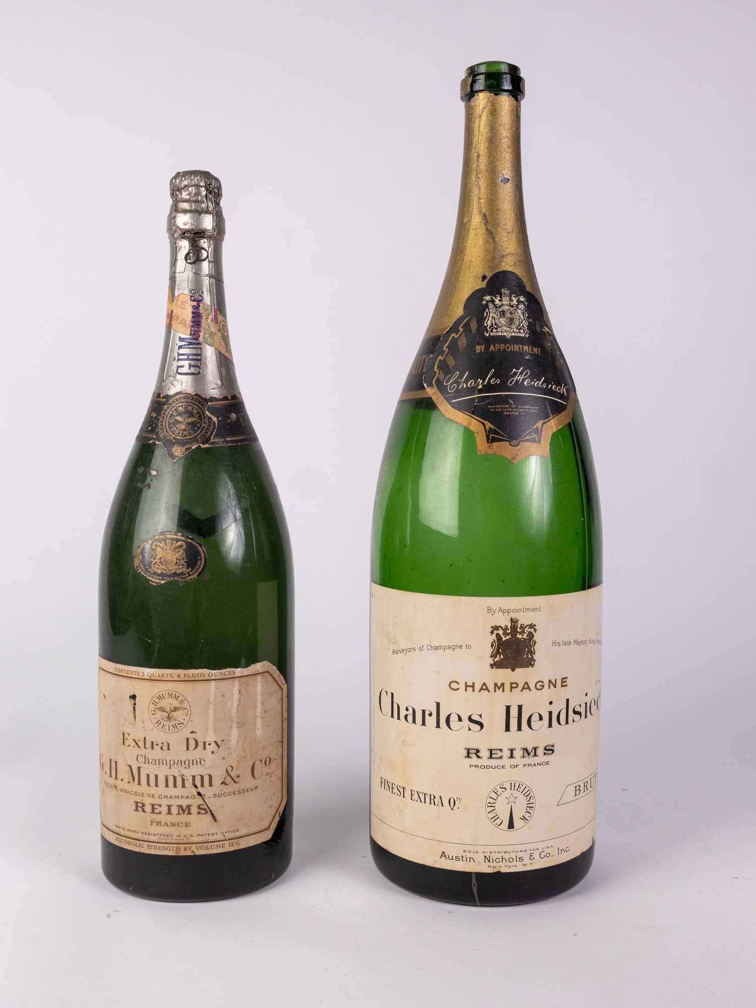 Pair of Large Vintage Champagne Bottles ft. Charles Heidsieck & G.H. Mumm: Pair of Large Vintage Champagne Bottles ft. Charles Heidsieck & G.H. MummSize23" HLiterature Brooks Auction is not responsible for outbids. Questions? Call the office at (856) 694-2960 or email us