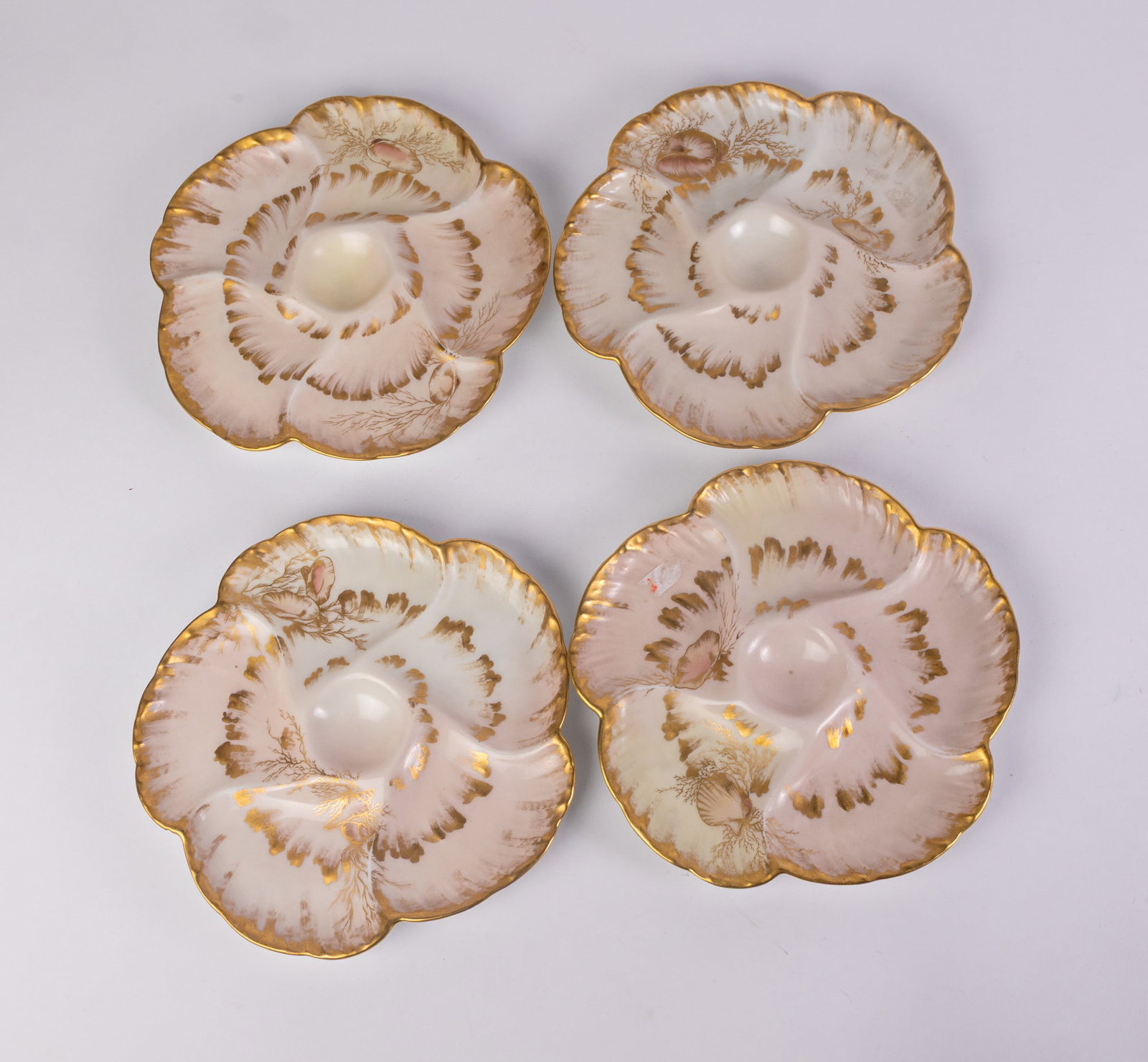 Set of Four Charles Field Haviland and Gerard, Dufraisseix, and Morel Porcelain Oyster Plates: Set of Four Charles Field Haviland and Gerard, Dufraisseix, and Morel Porcelain Oyster Plates, Set of four antique porcelain oyster plates, each with five wells for oysters and one additional central