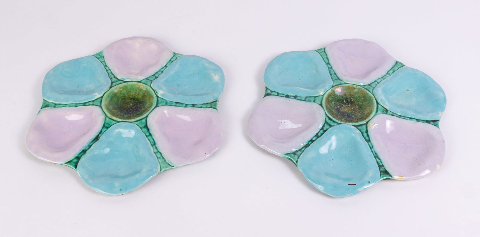 Pair of Antique Majolica Six Well Oyster Plates (1 of 10)