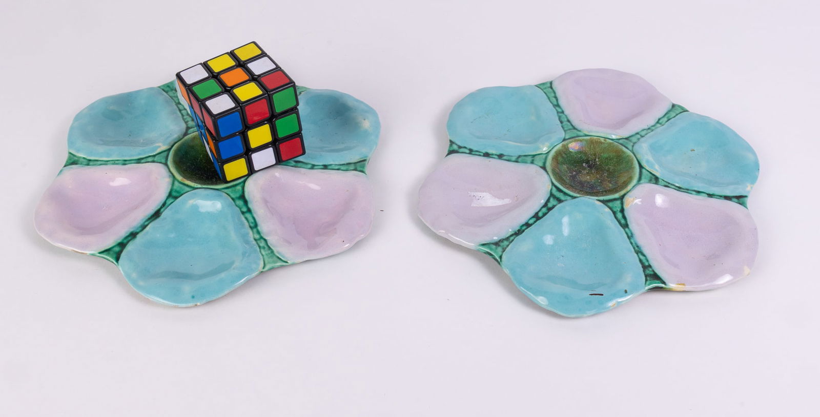 Pair of Antique Majolica Six Well Oyster Plates - 2