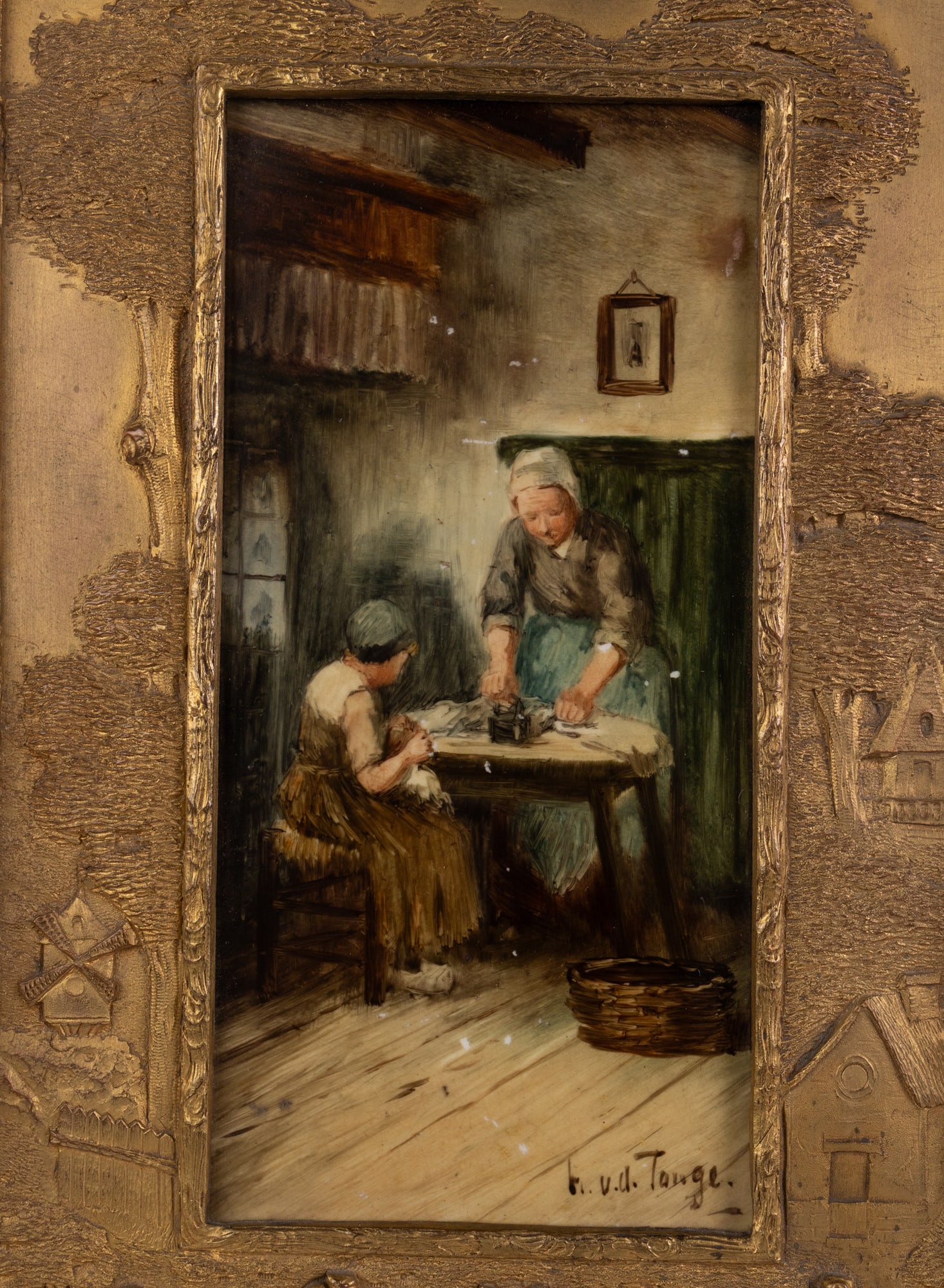 Vintage Painting on Ceramic Tile in Pictorial Brass Frame - 3