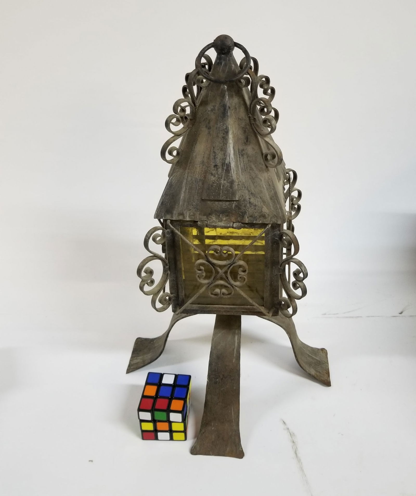 Vintage Medieval Revival Wrought Iron Lantern with Yellow Glass Panels - 2