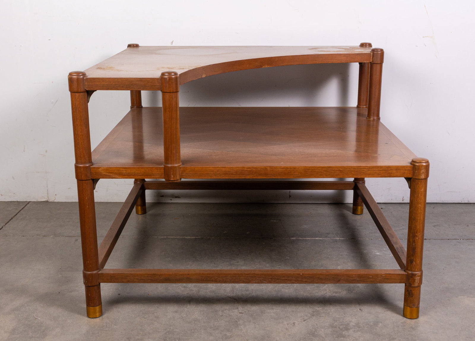 Vintage Mid Century Modern MCM Two Tiered Side Table: Vintage Mid Century Modern MCM Two Tiered Side Table, Two tiered side table with parquet design and brass accents Size 24" x 32" x 31" Literature Brooks Auction – Online Auction Terms & Conditio