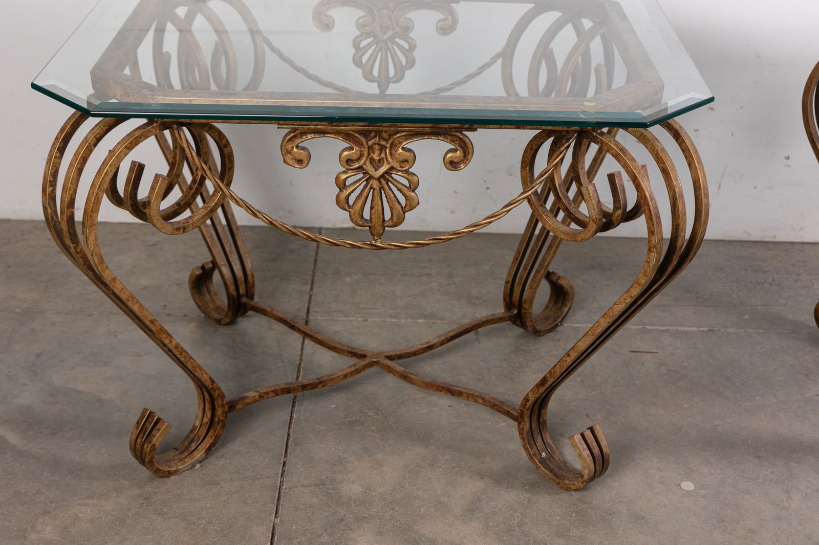Pair of Ornate Wrought Iron Tables w/ Beveled Glass Top - 2