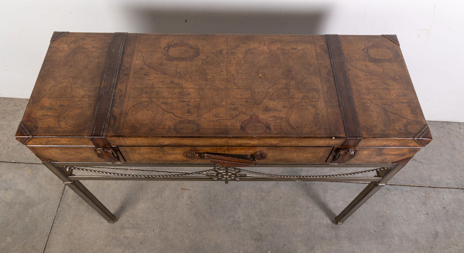 Campaign Style Leather World Map Suitcase Console Table - 3