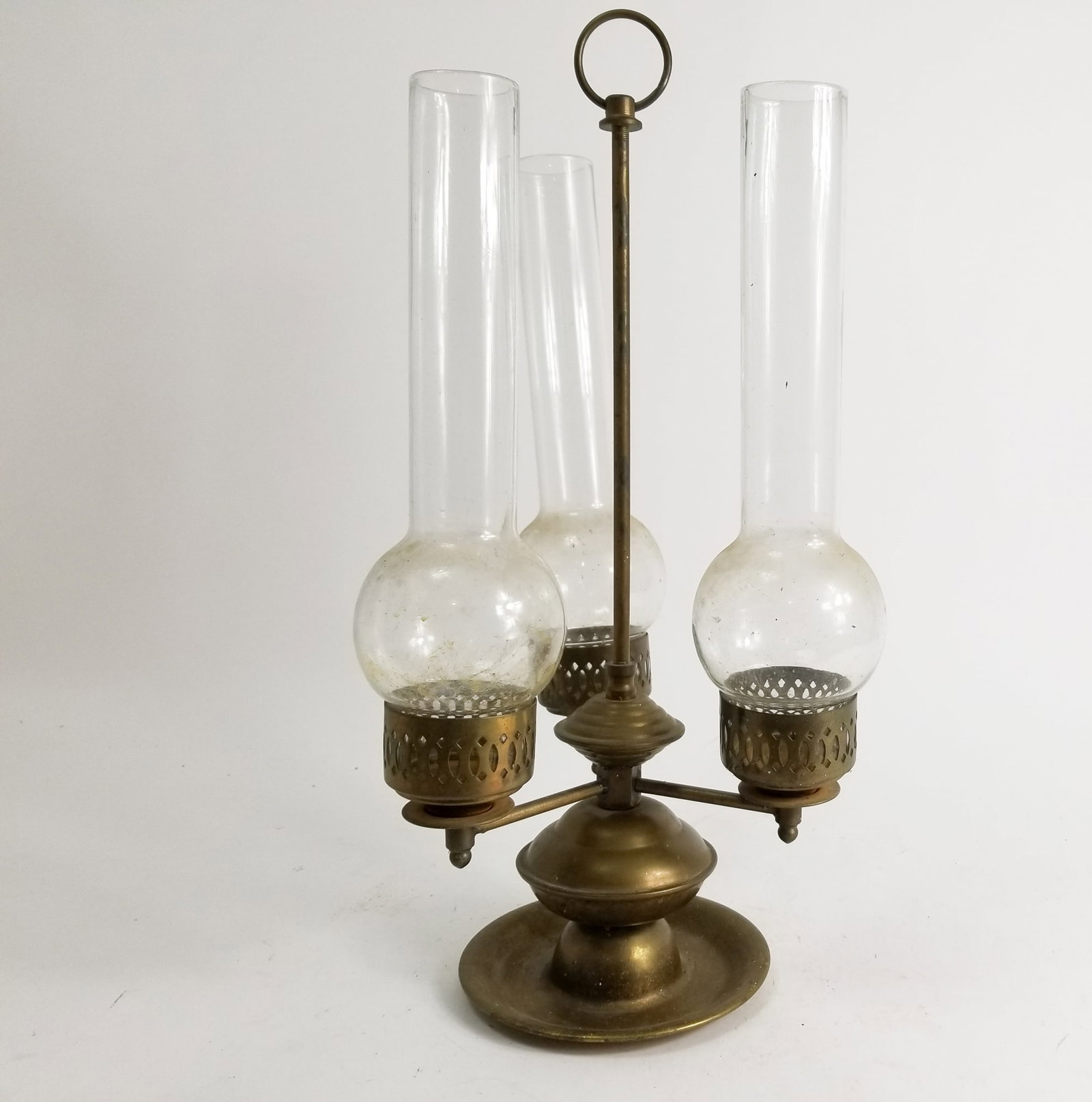 Antique Brass Three Light Candle Holder w/ Hurricane Glass Shades (1 of 2)