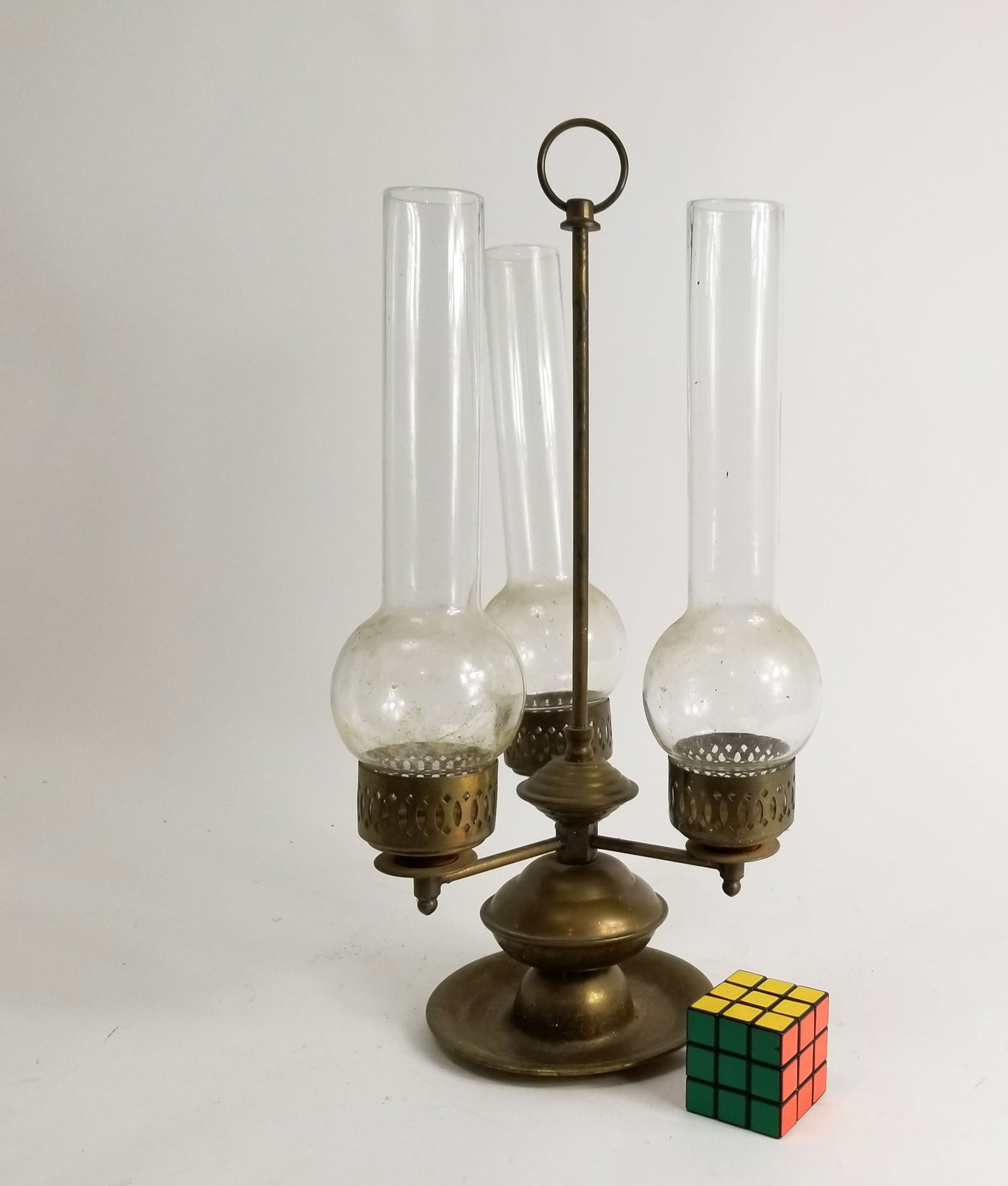 Antique Brass Three Light Candle Holder w/ Hurricane Glass Shades - 2