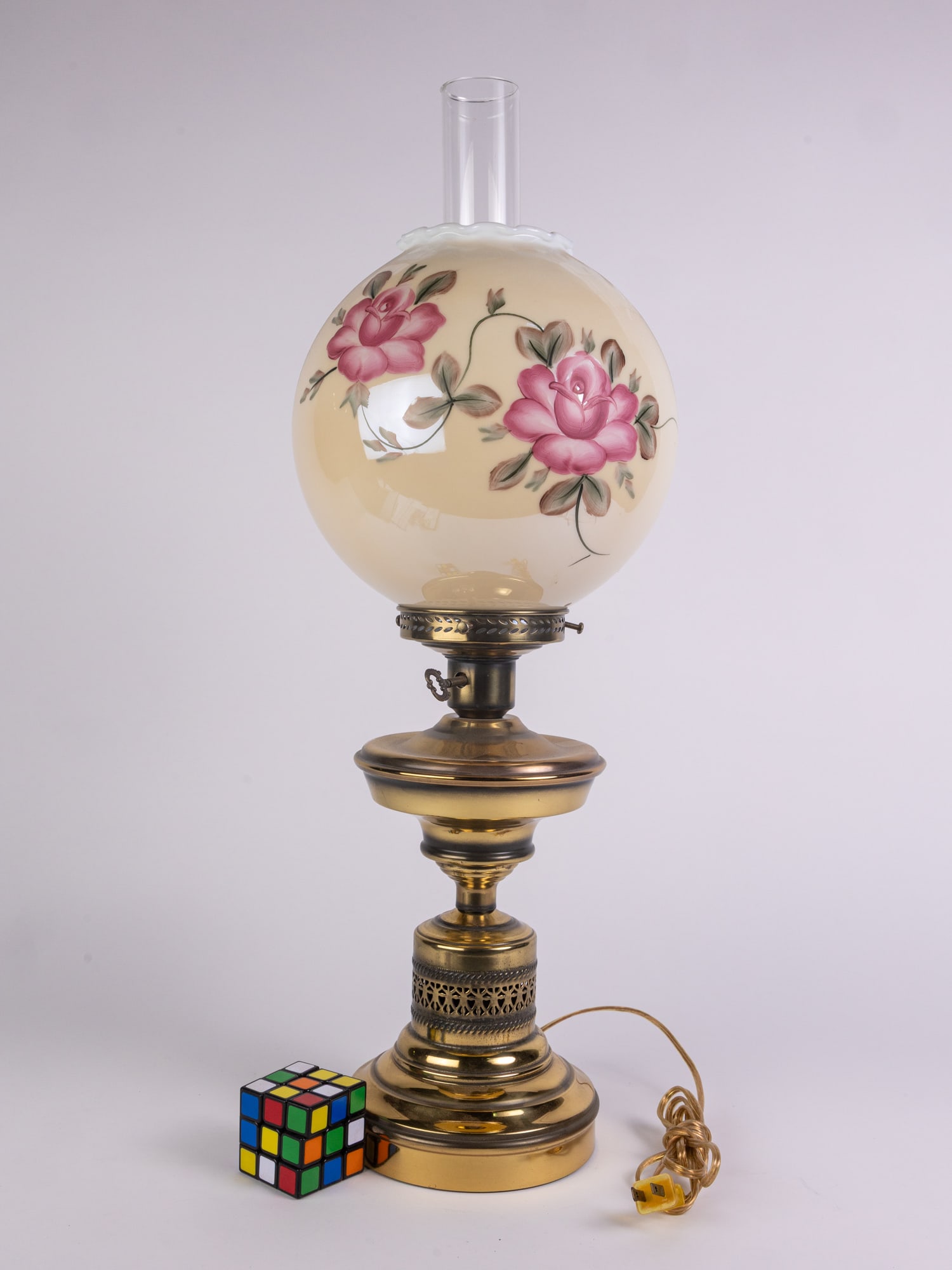 Vintage Hurricane GWTW Lamp w/ Hand Painted Floral Motif Shade - 2