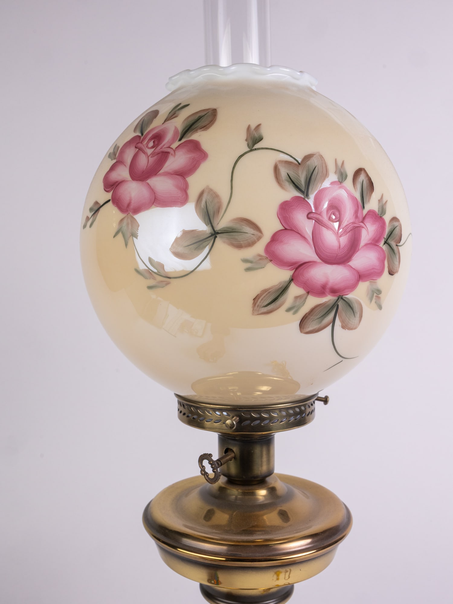 Vintage Hurricane GWTW Lamp w/ Hand Painted Floral Motif Shade - 3