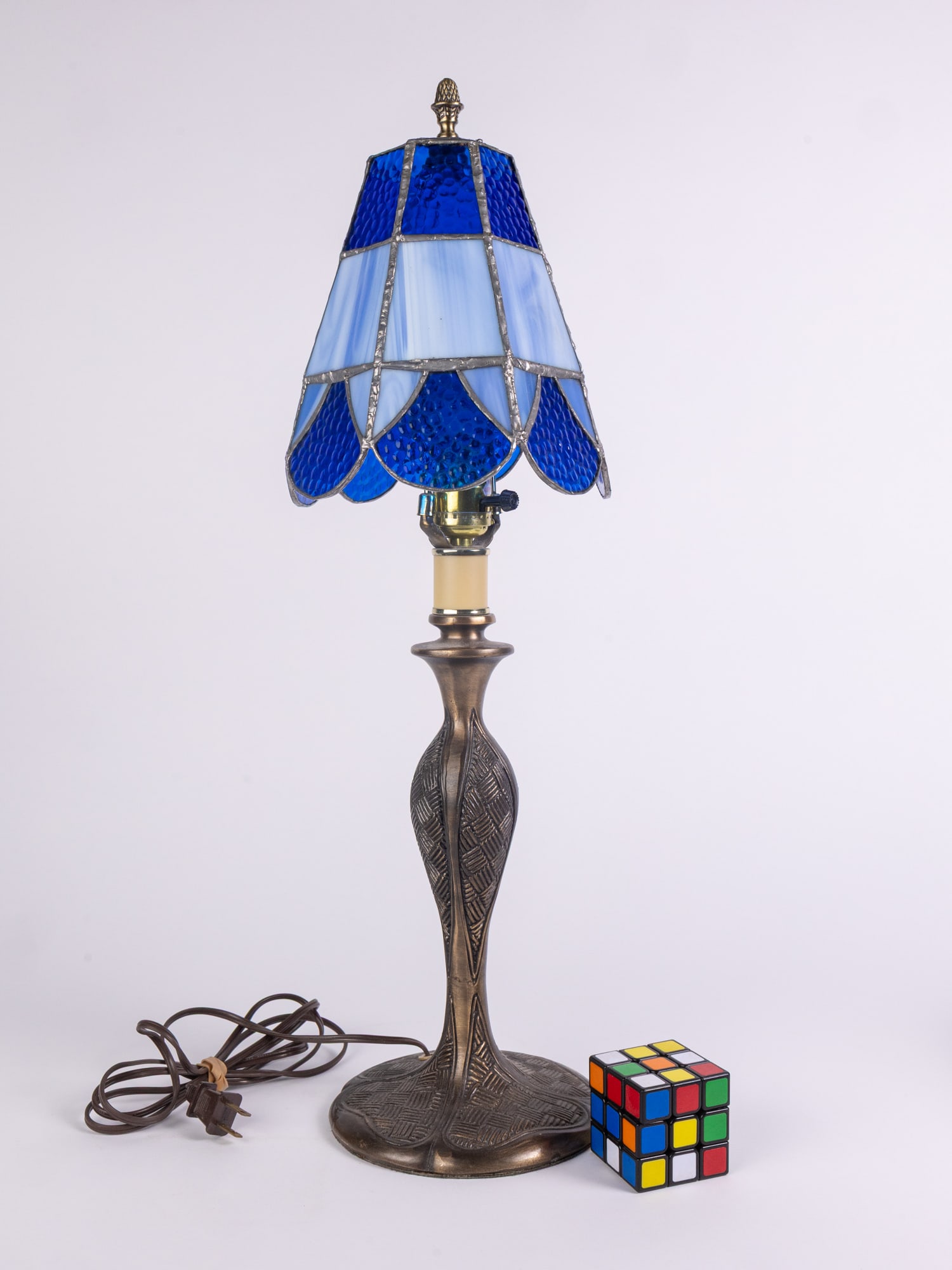Vintage Leaded Blue Slag Glass Table Lamp w/ Bronze Toned Shade - 2